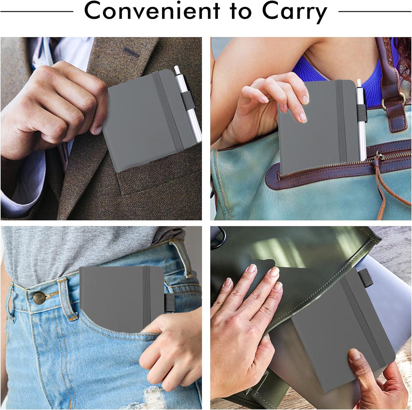 feela 15 Pack Pocket Small Notebooks Bulk, Mini Cute Notepads Hardcover College Ruled Lined Journals with Pen Holder for School Business Memos, with 15 Black Pens, 3.5”x 5.5”, A6, Gray