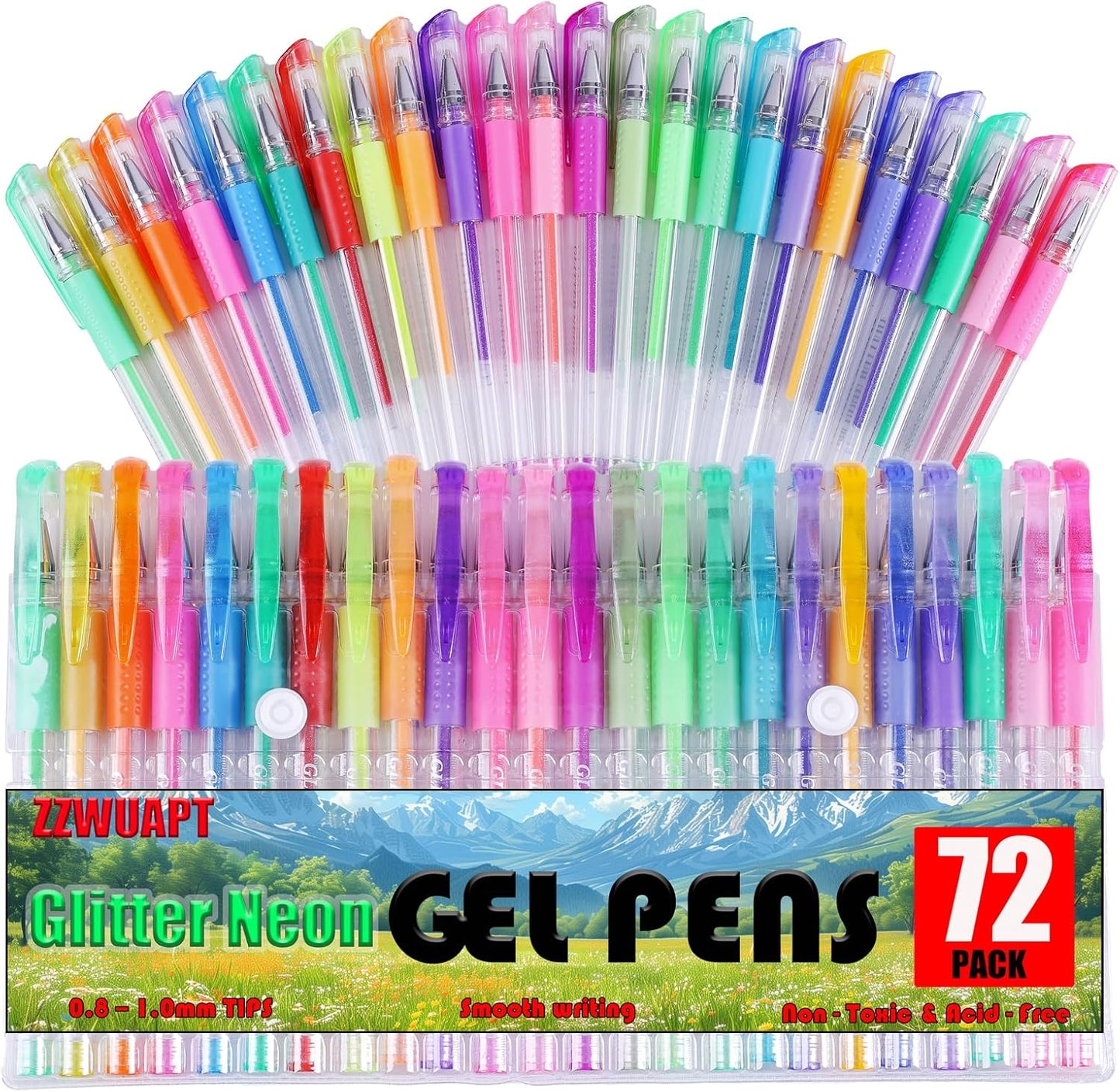 72 Pack Glitter Neon Gel Pens, 24 Glitter Neon Tone Gel Pens with 48 Refills,40% More Ink Colored Gel Pens for Adults Coloring Books Drawing Doodling Scrapbook Journaling