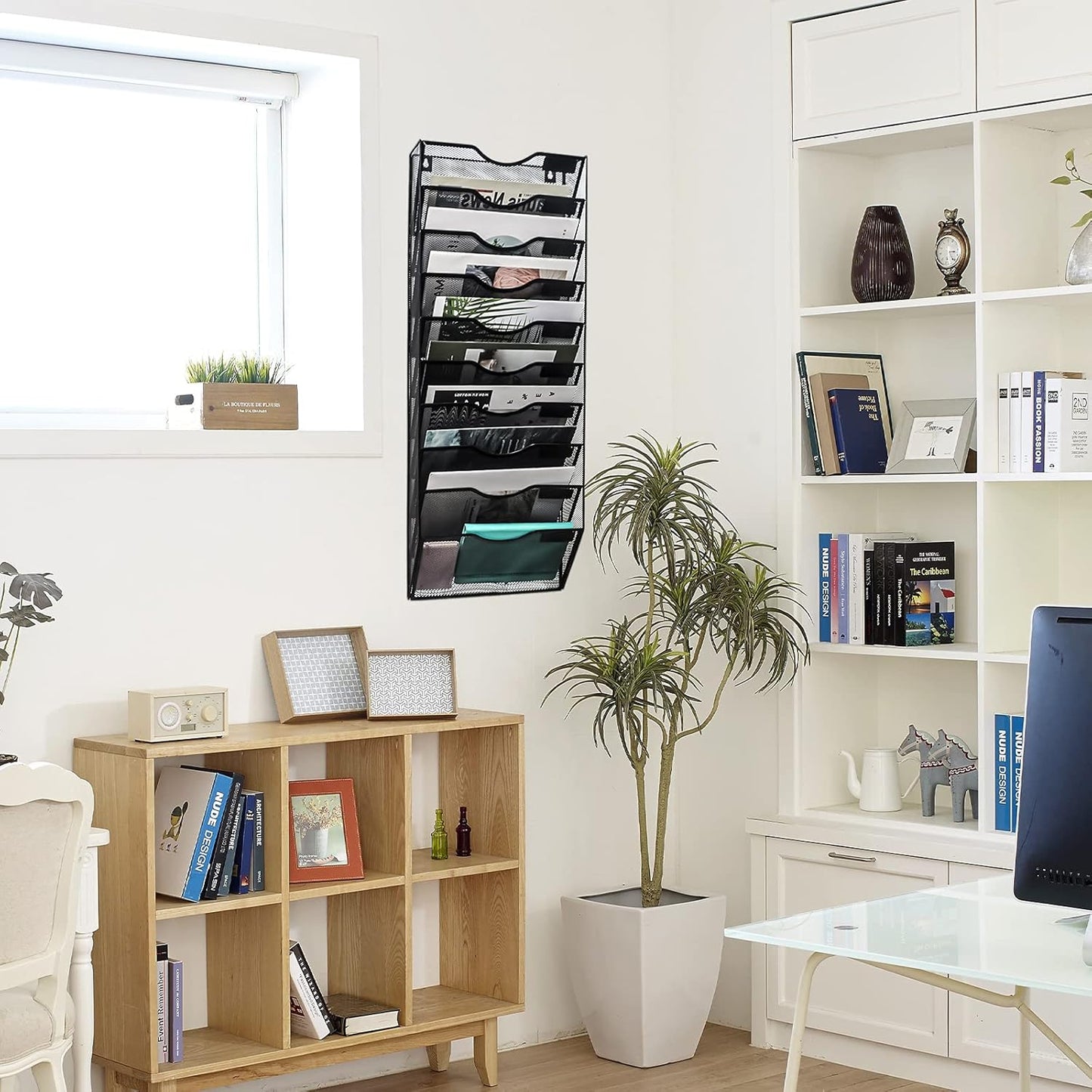 EASEPRES 10 Pocket Mesh Hanging Wall File Organizer, Wall Mounted Mail Paper Document Folder Holder, Clipboard Storage Organization Magazine Rack with Nametag Label for Office Home School, Black