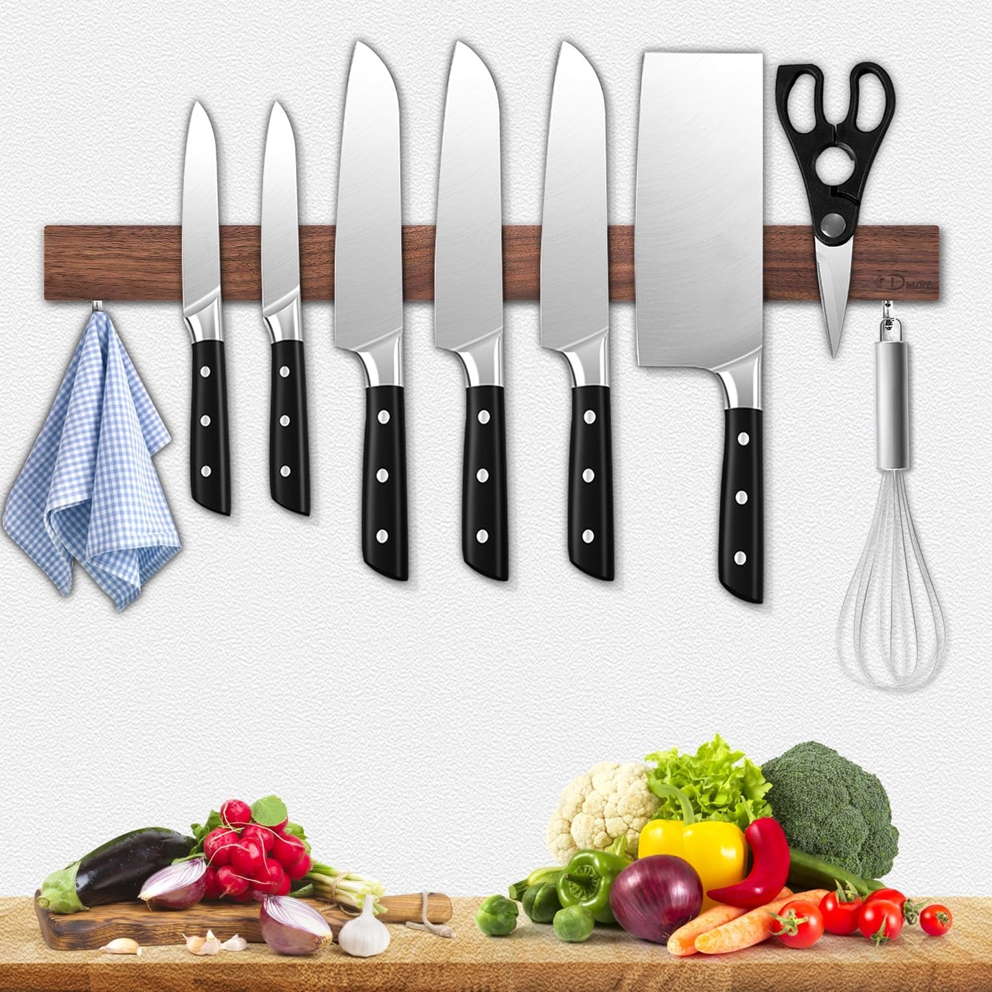Dmore magnetic knife holder for wall—with 2 hooks, No Drilling 20 Inch walnut knife magnetic strip, Powerful knife magnet rack, include Adhesive Tape and screws for Knives, Utensils, and Tools