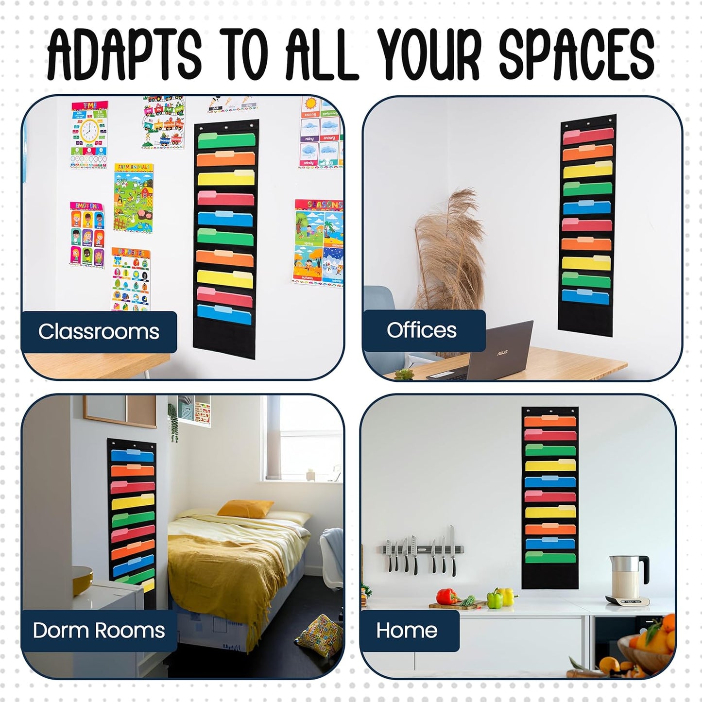 Essex Wares - 10 Pocket File Pocket Chart, Black, 14" Wide x 47" Tall - Versatile Wall Hanging File Folder Organizer for Classroom, Office, Home, and More - Wall Folder Organizer - 10 Pockets