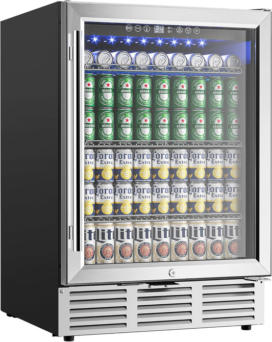 EUHOMY 24 Inch Beverage Refrigerator, 180 Can Built-in Beverage Cooler, Under Counter Beer Fridge with Glass Door for Soda, Water, Wine - For Kitchen, Bar or Office