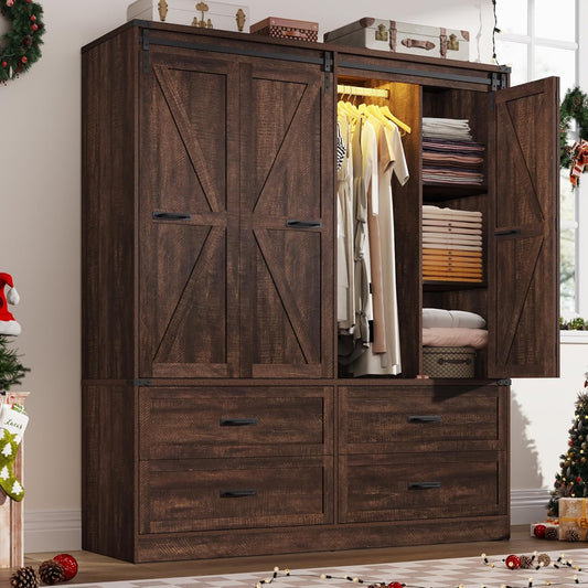 Farmhouse 4 Doors Armoire Wardrobe Closet w/Folding Sliding Barn Door and Lights, LED Armoire Closet w/Drawers for Bedroom, Freestanding Wooden Wardrobe Storage Closets w/Hanging Rod,Rustic Brown