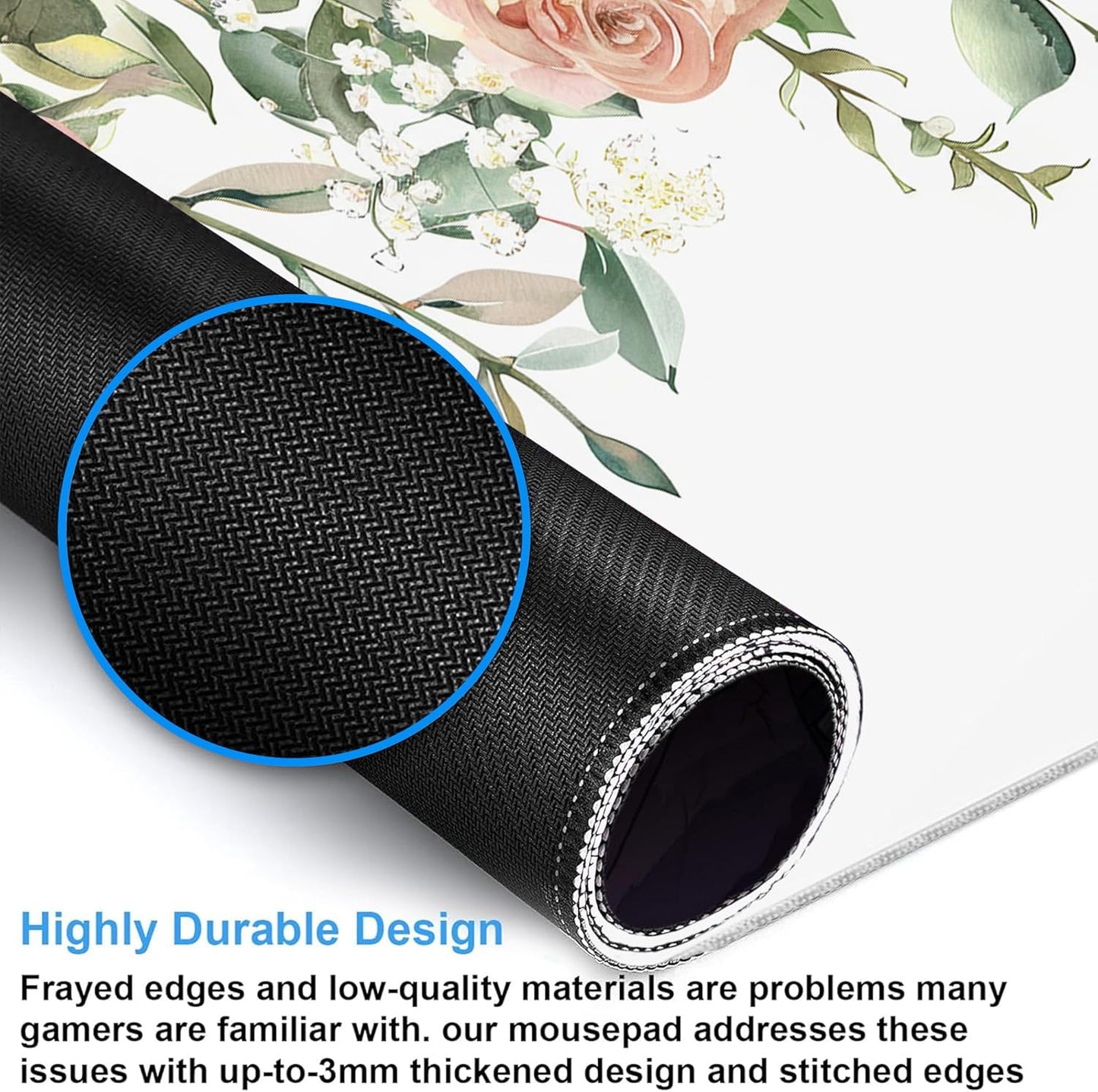 Desk Mat, Watercolor Pink Peony Flowers and Leaves Large Gaming Mouse Pad with Non-Slip Base Stitched Edges,Desk pad for Keyboard and Mouse Home Office 35.4"x15.7"