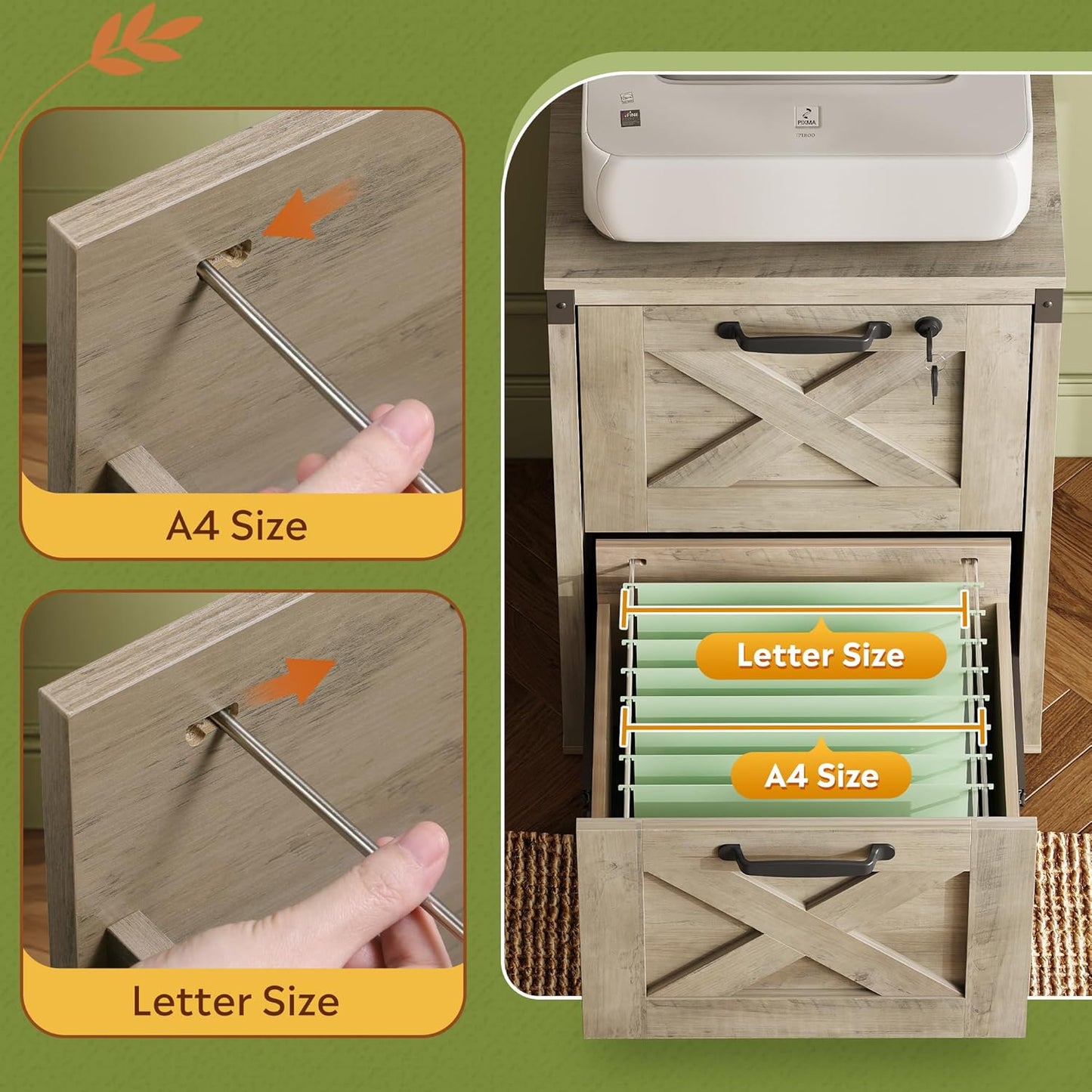 DEVAISE 2 Drawer File Cabinet with Lock, Wood Farmhouse Filing Cabinet for Home Office, Printer Stand Fits Letter and A4 Size, Gray Oak