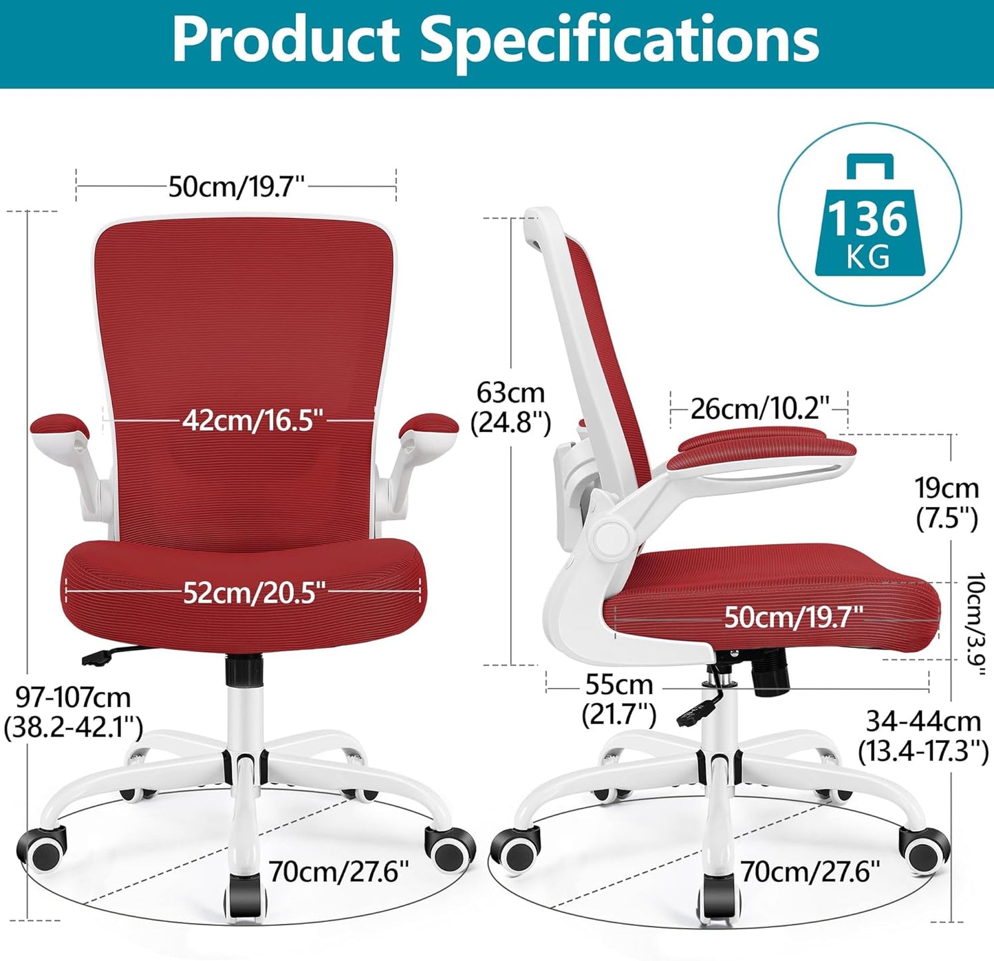 FelixKing Office Chair, Ergonomic Desk Chair Breathable Mesh Chairs with Adjustable High Back Lumbar Support Flip-up Armrests, Executive Swivel Comfy Task Computer Chairs for Home Office Fire Brick