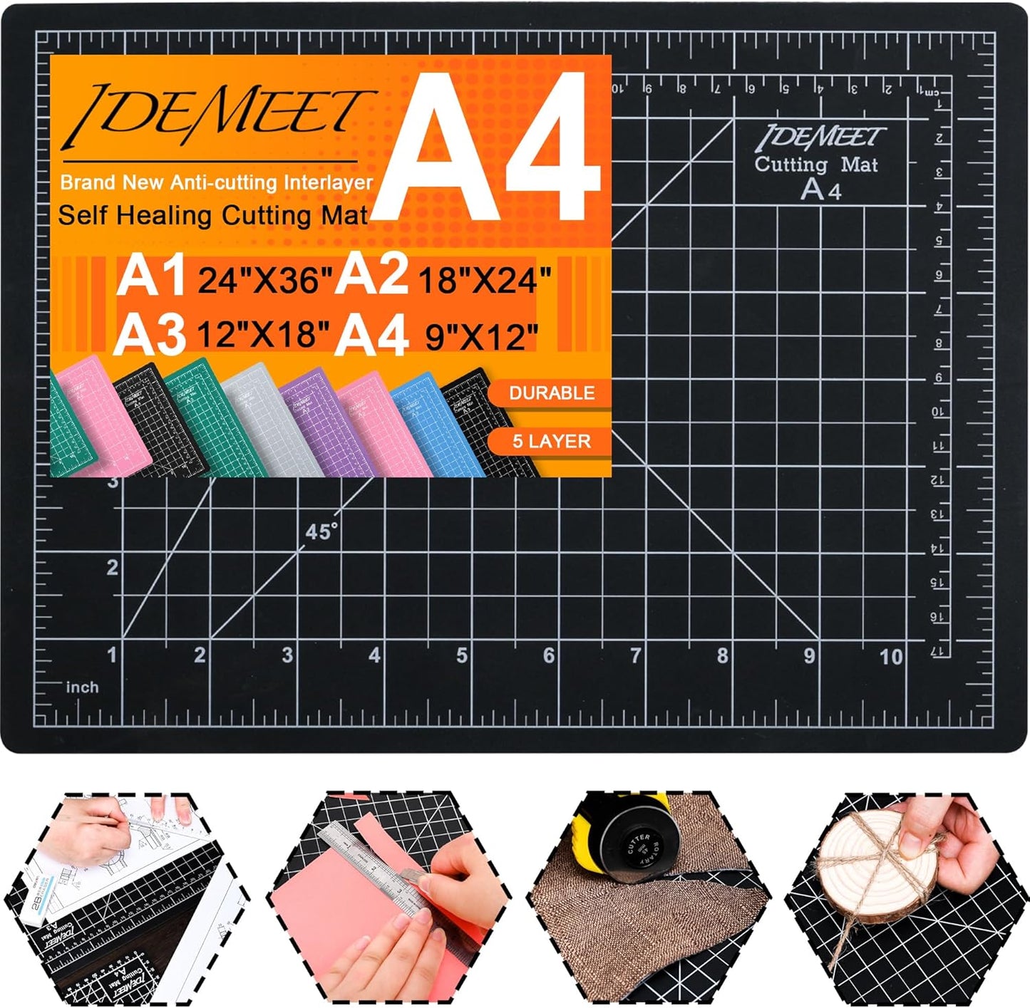 Density-upgraded 9"x12" Self Healing Cutting Mat, Idemeet Rotary Sewing Mat for Crafts, 5-Ply Blade Table Protector Cut Board for Fabric Leather Cutting Quilting Modeling Hobby Project, A4, Black