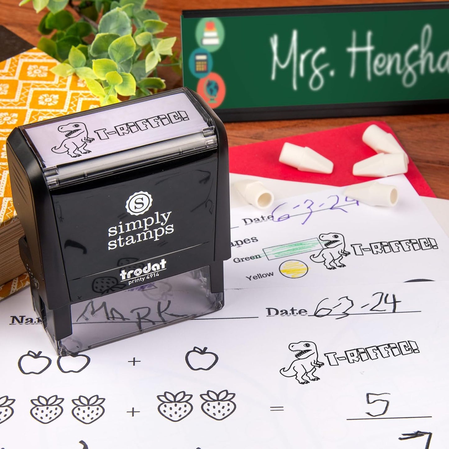 Custom Self-Inking Teacher Stamps | 49 Designs | Fun Phrases | Grading Made Easy | Classroom and Library Book Stamps (T-Riffic!, Large)