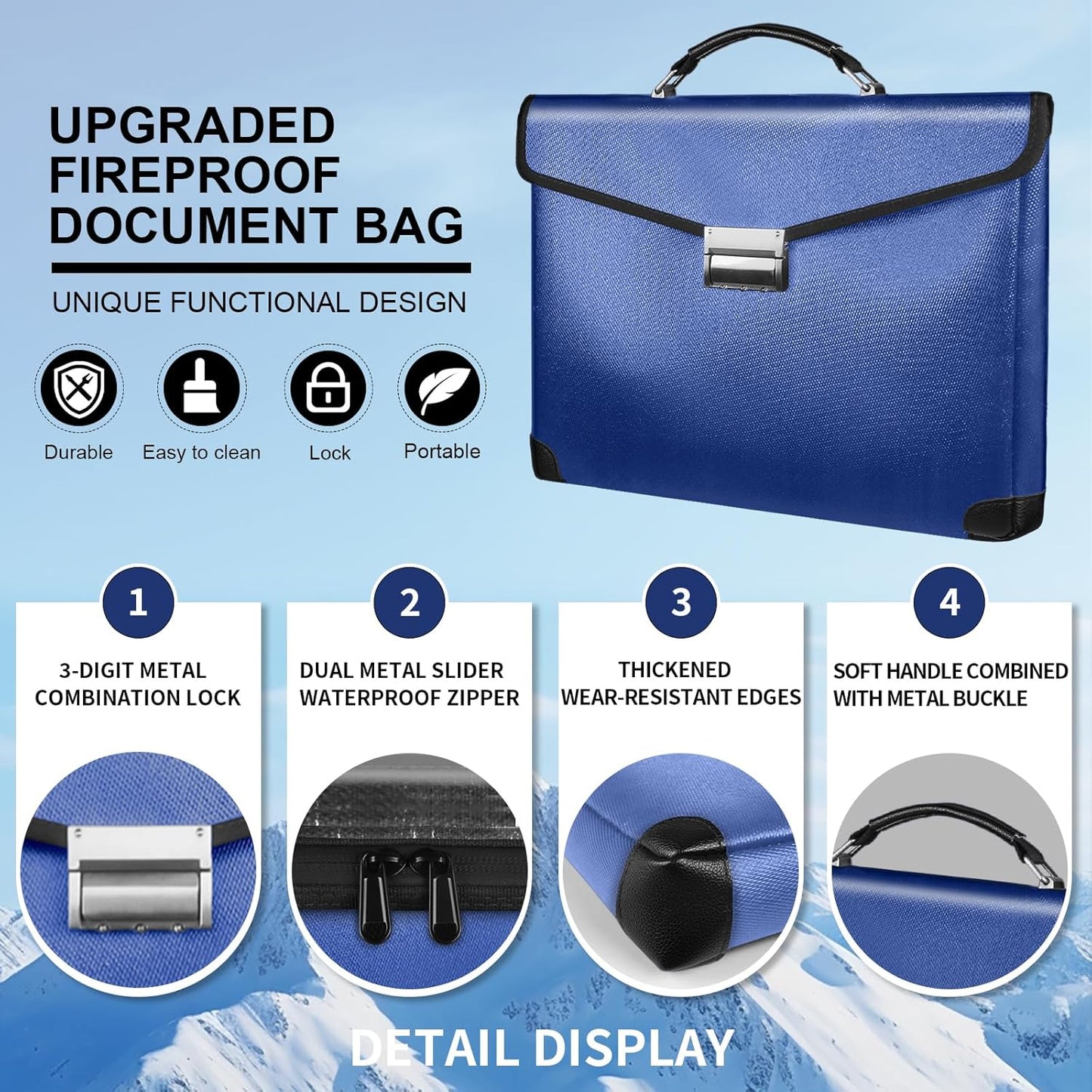 Fireproof Document Bag 14.5"X11"X2.5" Fireproof Money Bag for Cash with Lock and Zipper,Fire&Waterproof Storage Organizer Pouch for Valuables,Legal Document,Laptop,Passport, (Blue)