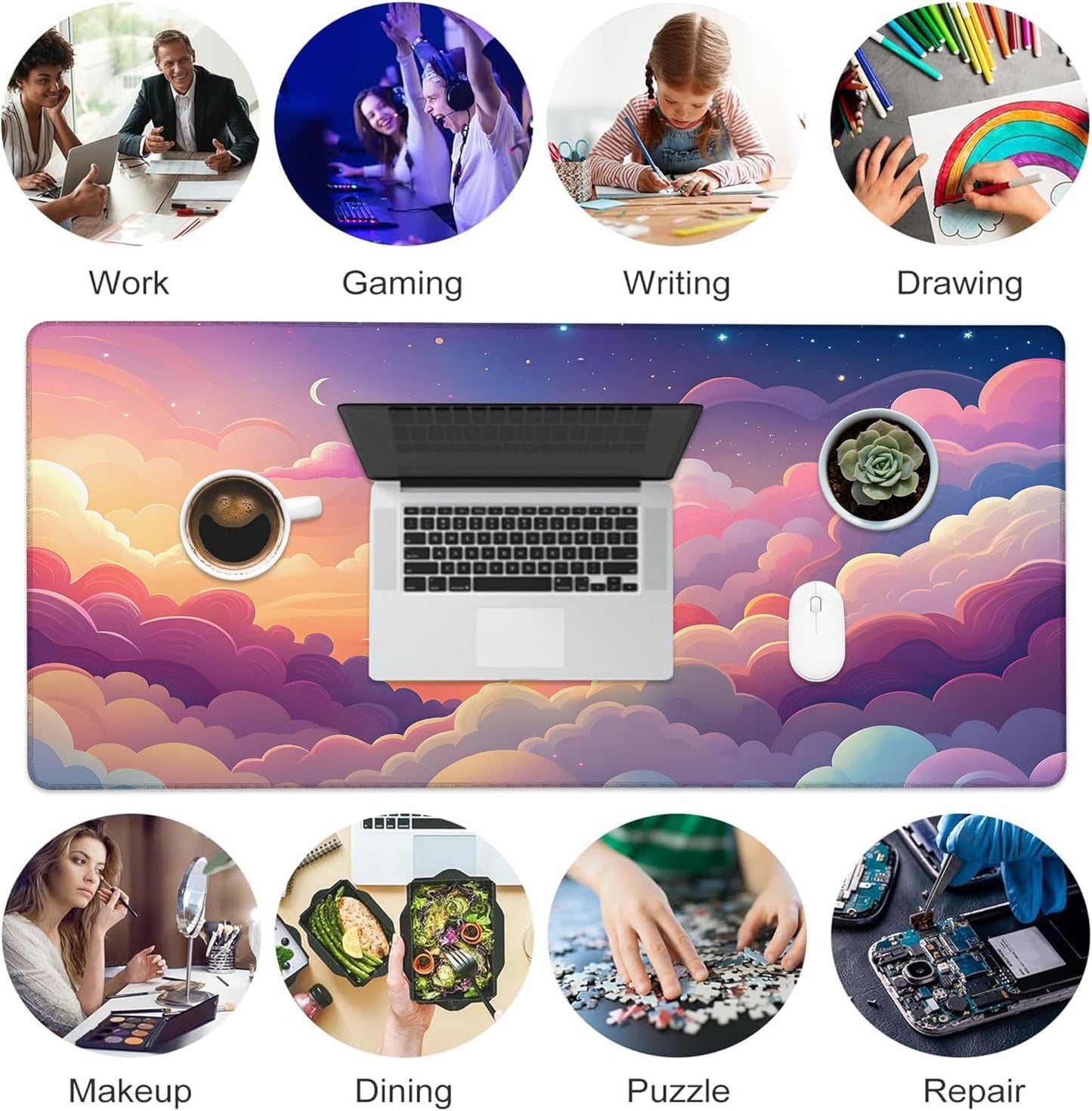 Desk Mat, Kawaii Moon Cloud Star Sunset Sky Large Gaming Mouse Pad with Non-Slip Base Stitched Edges,Desk pad for Keyboard and Mouse Home Office 35.4"x15.7"