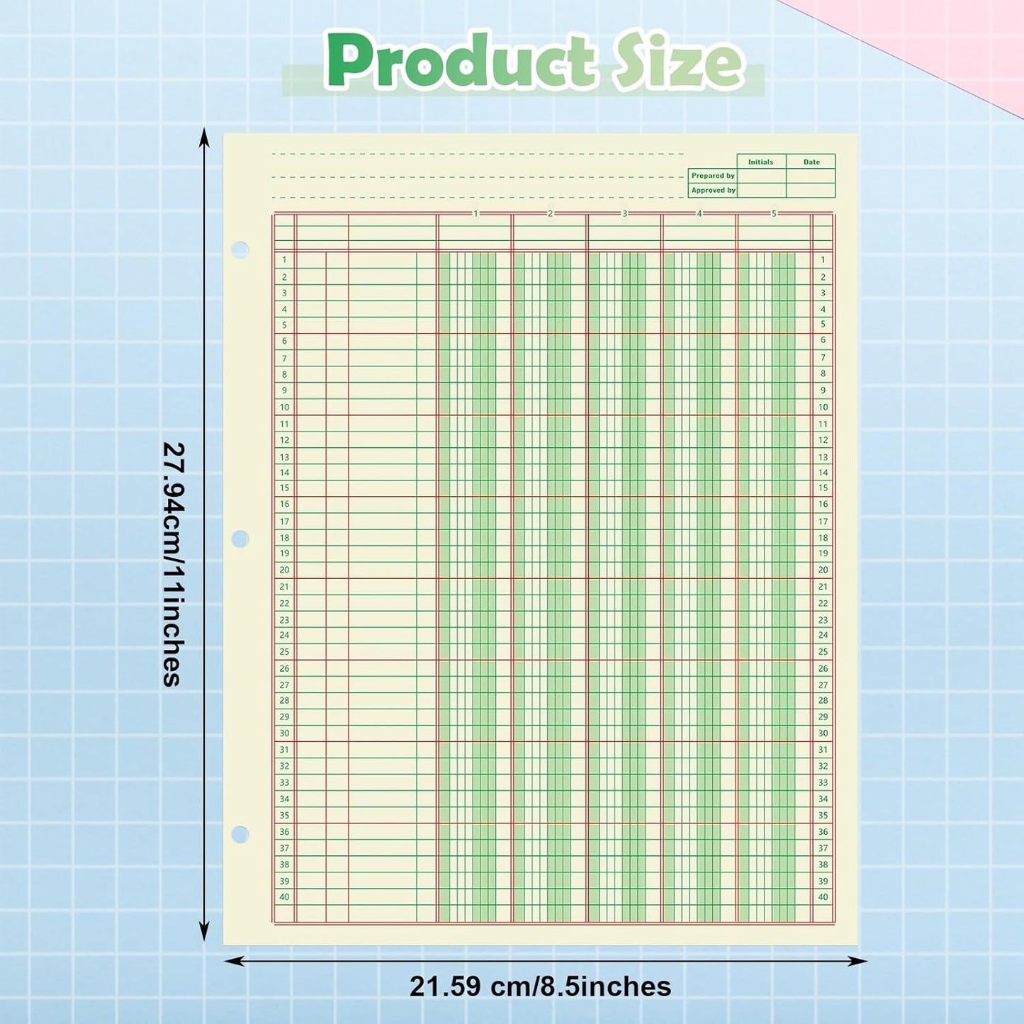Fulmoon 2 Pack 100 Sheets Columnar Pad Accounting Ledger Paper Accounting Ledger Book Green Analysis Pad for Business, 50 Sheets/Pack, Single Page Format(5 Columnar,8.5 x 11 Inch)