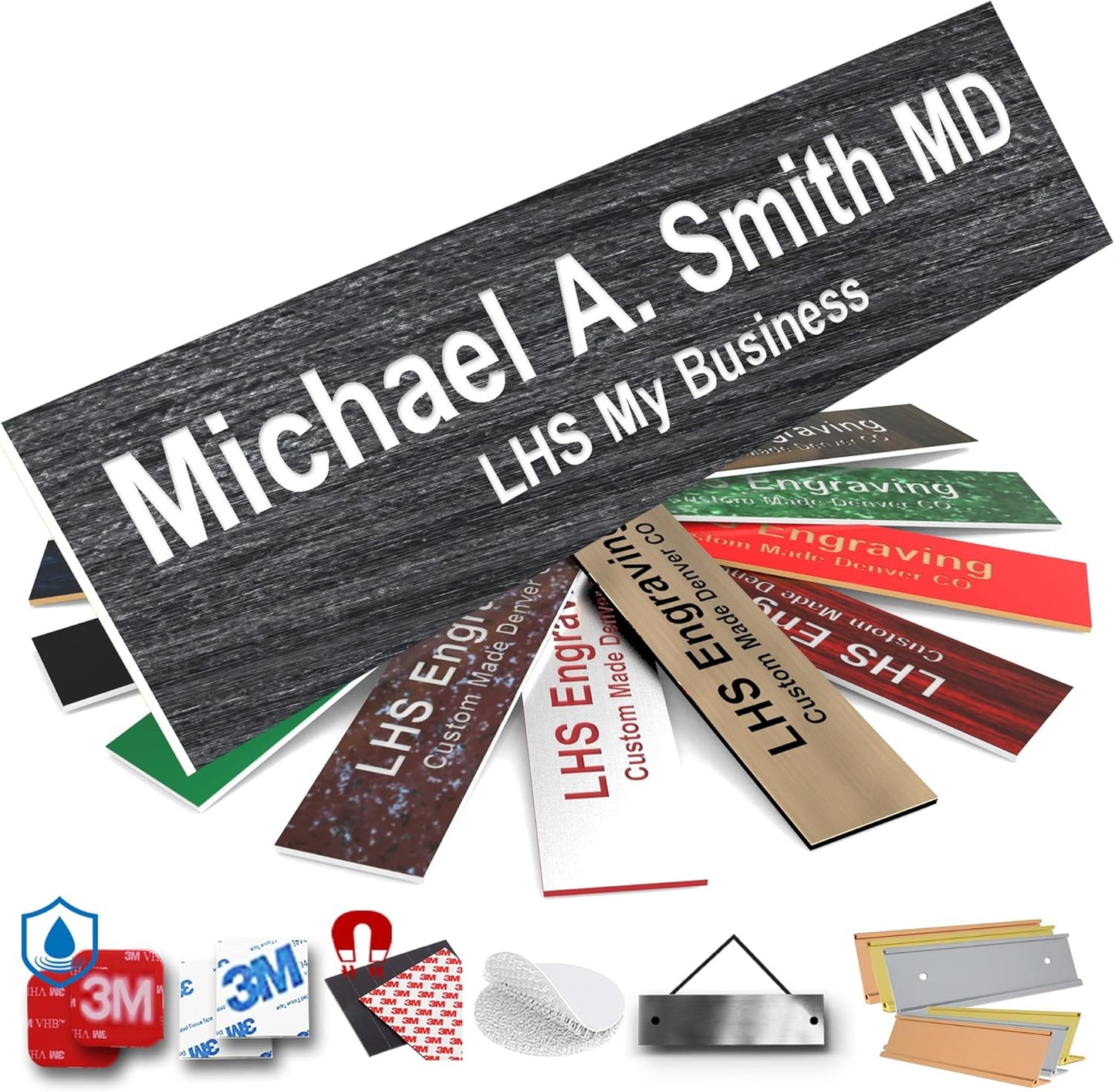 Door Name Plate Personalized for Office Ash Plastic Name Plate White Letters - Made in USA 2x12 N1