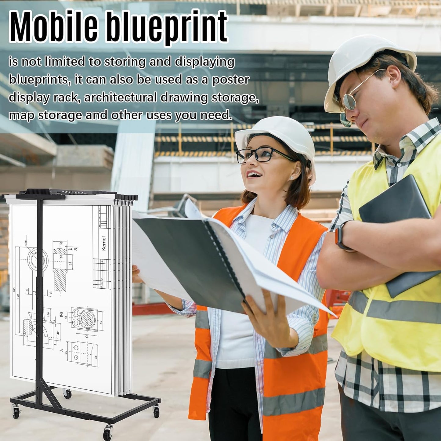 Estune Mobile Blueprint Storage Rack 18"- 42" Adjustable Mobile Blueprint Holder with 4 Wheels Fits 20 Clamps for File Display Plan Office Home ( Not Included Hanging Clamps)