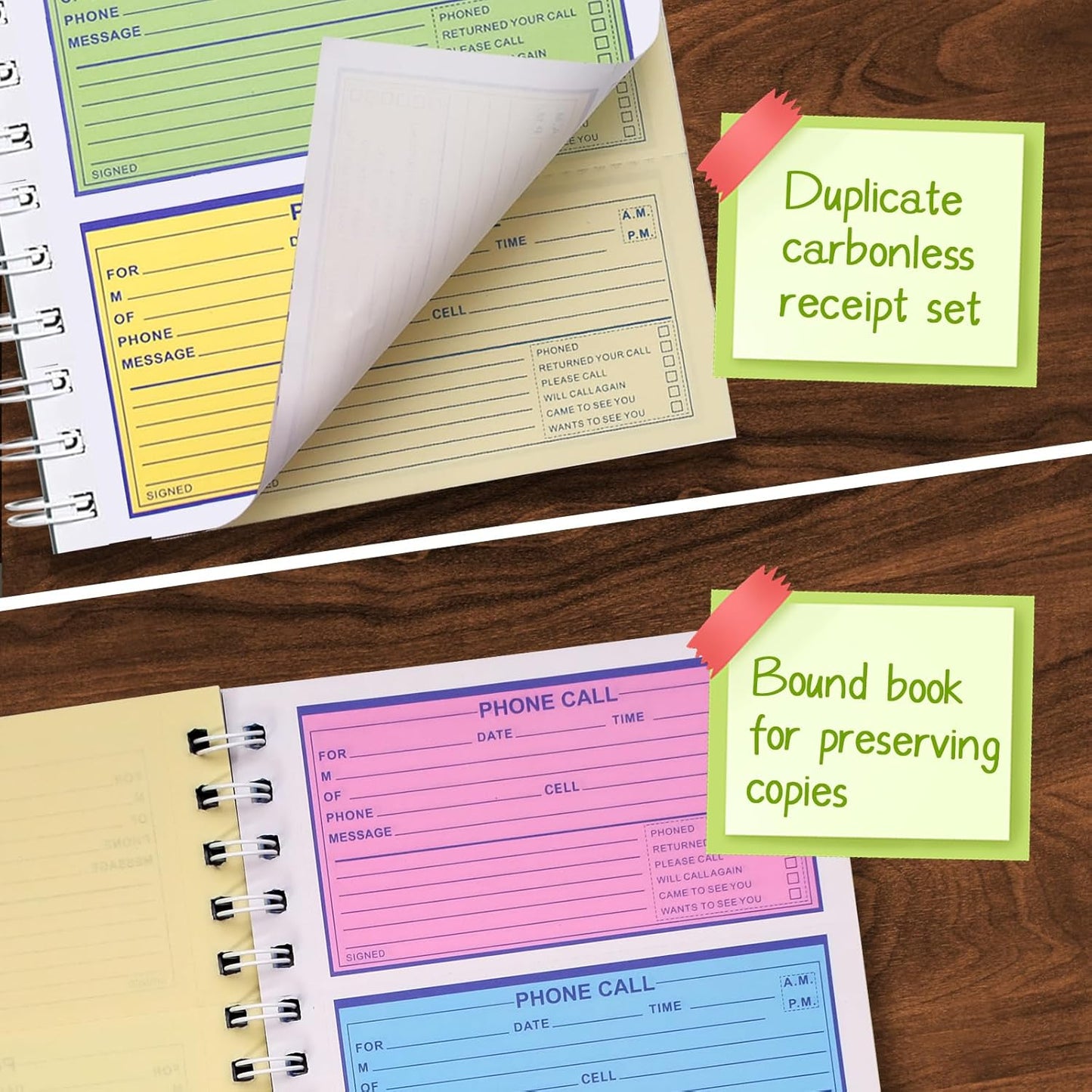 12 Pcs Spiral Bound Phone Message Book for Business Office, 5 1/2" x 11"2 PartTelephone Message Pads with Carbon Copy, Colorful Carbonless Duplicate Call Log Book