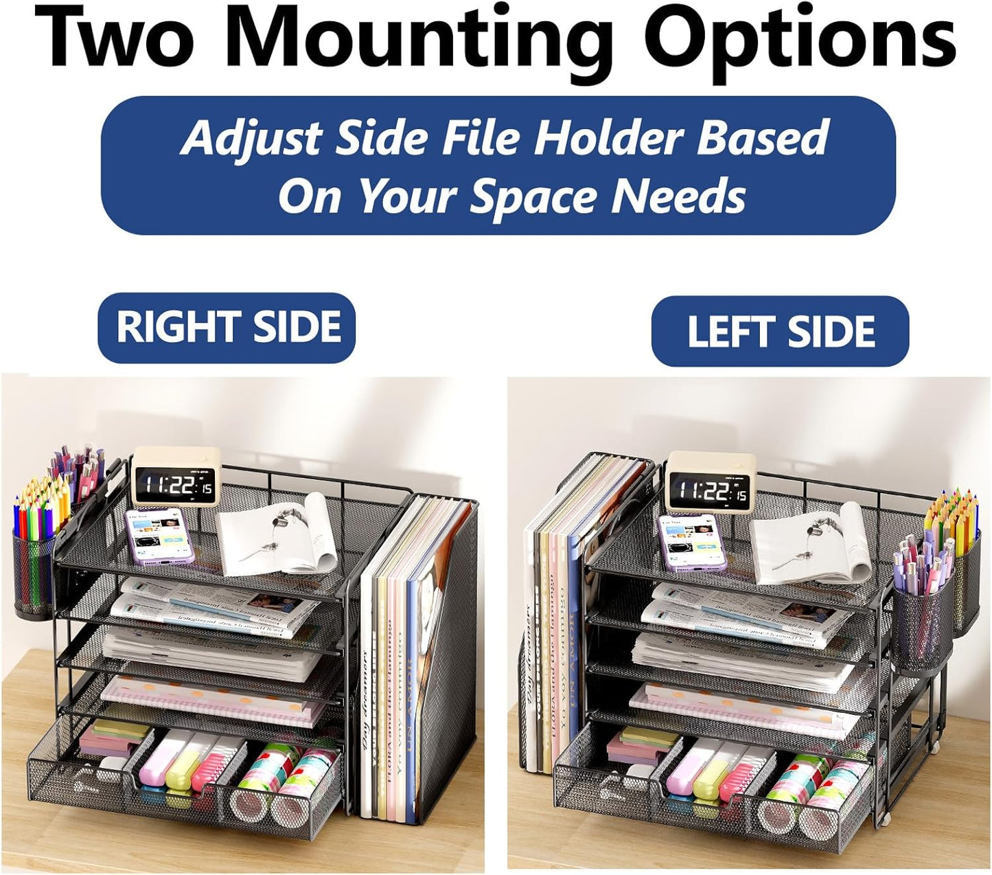 Desk Organizers and Accessories, 5-Tier Paper File Organizer with Drawer & Pen Holder, Office Desk Accessories Workspace Desktop Organizer for Office Supplies(Black)