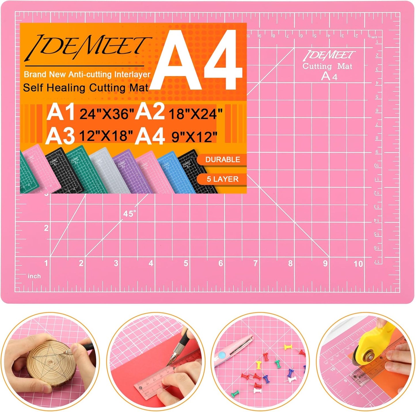 Density-upgraded 9"x12" Self Healing Cutting Mat, Idemeet Rotary Sewing Mat for Crafts, 5-Ply Blade Table Protector Cut Board for Fabric Leather Cutting Quilting Modeling Hobby Project, A4, Pink