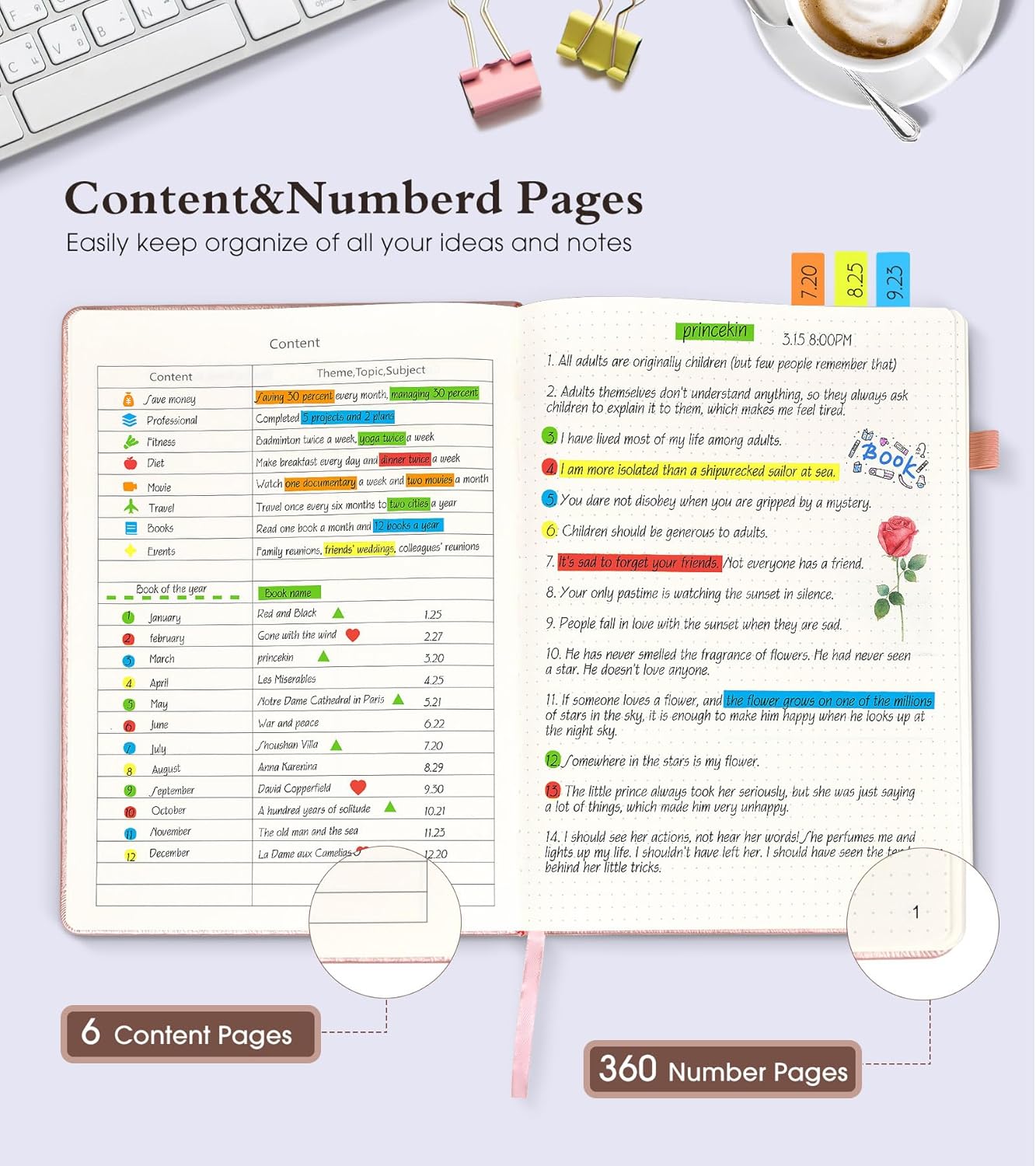 Dotted Journal Notebook, 360 Numbered Pages Dot Grid Notebooks 8.5 x 11, 100gsm Dot Paper Thick Hardcover Leather Journals for Writing Women Men, A4 Large Bullet Dotted Notebooks for Work Pink