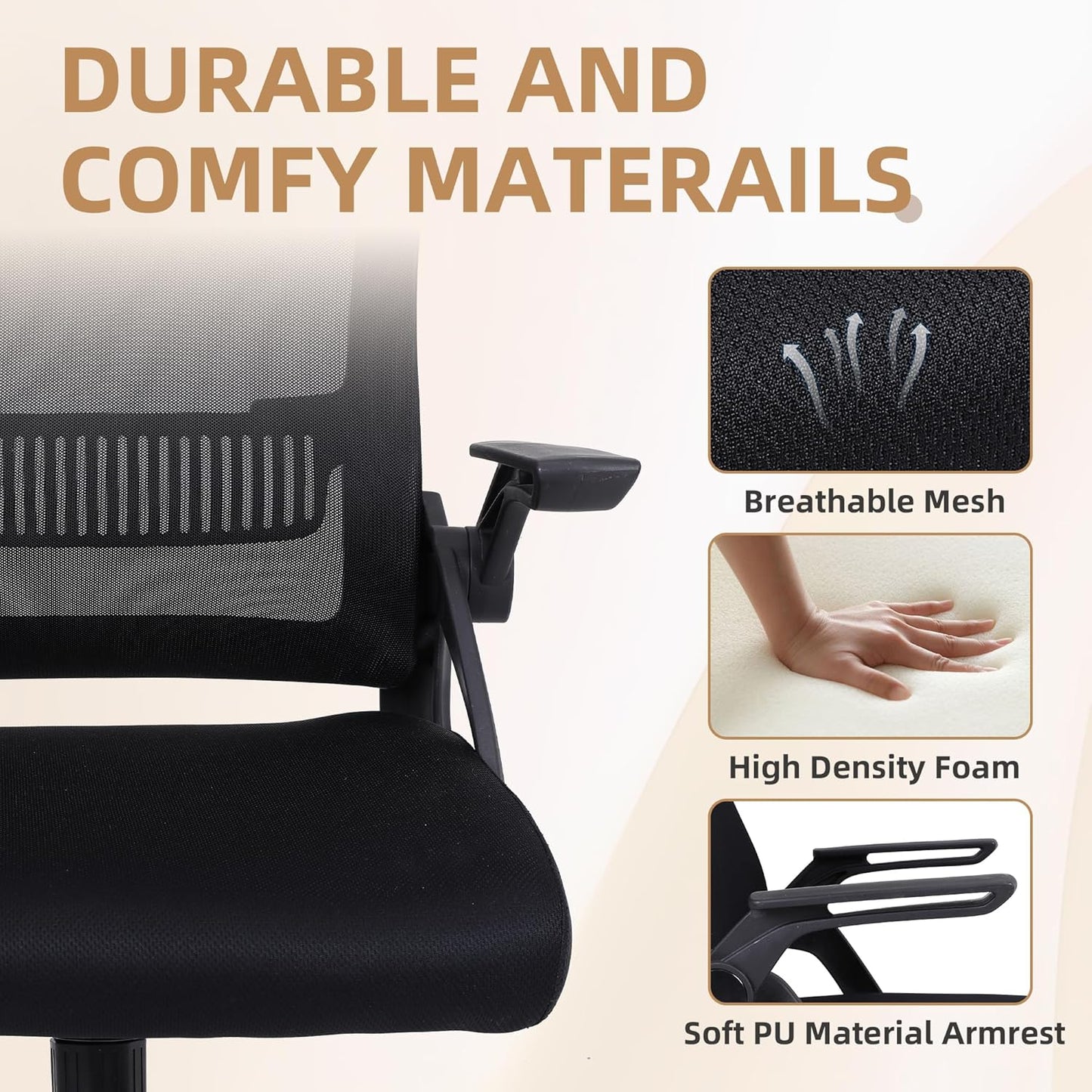 Ergonomic Desk Chair with Lumbar Support, Breathable Mesh with Flip-up Armrests and Mid Back, Comfortable Task Computer Height Adjustable Swivel Chair (10, Black)