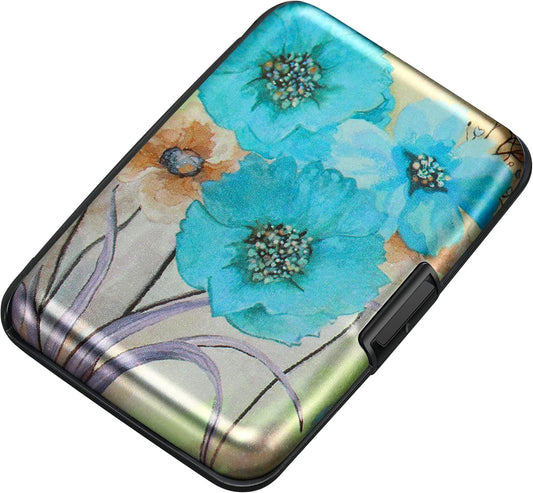 ELFISH Mini RFID Aluminum Wallet Credit Cards Holder Business Card Case Metal ID Case for Men Women(Blue Flower)
