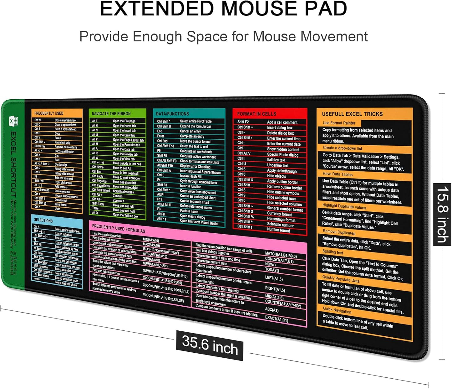 Auhoahsil Large Mouse Pad, XXL Gaming Mousepad, Desk Mat for Desktop, Thick Rubber, Big & Long Size, Stitched Edges, Full Desk Pad for Laptop & Computer, Extended 35.4 x 15.7 in, Excel Shortcut Keys