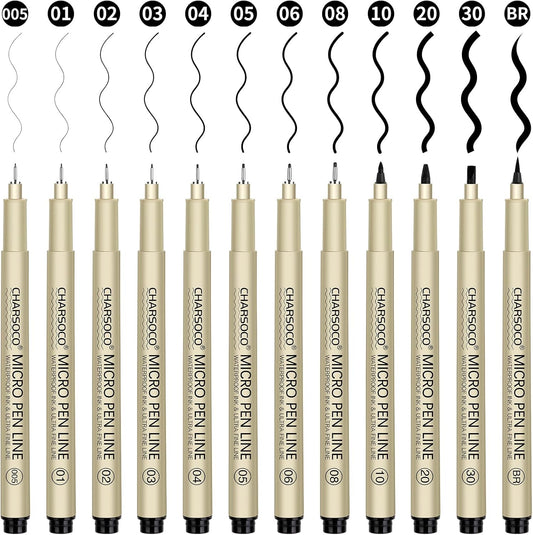 Black Micro Pens, 12 Sizes in 0.23mm - 5mm, Waterproof Archival Ink, Fine Point Pen for Artist Illustration, Sketching, Anime, Manga and Technical Drawing