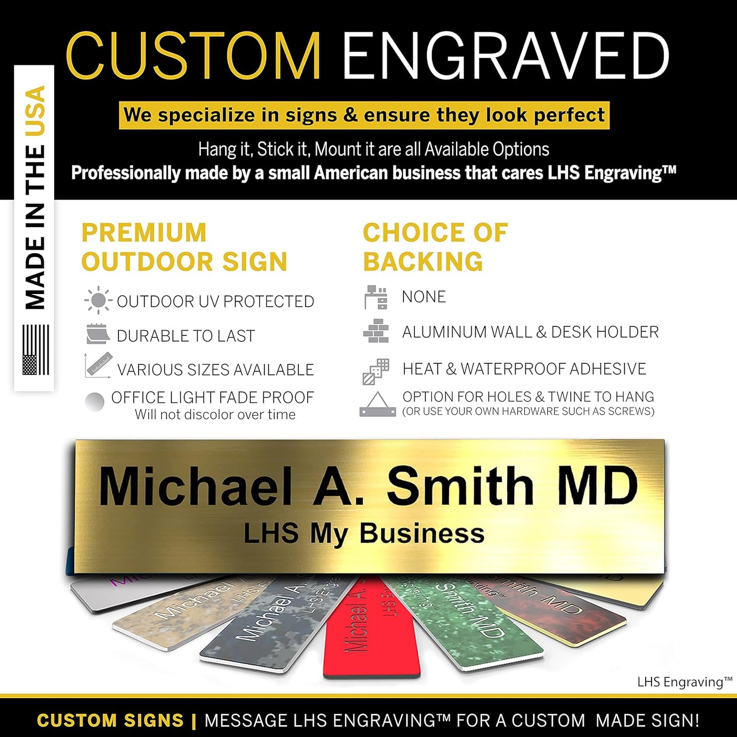 Engraved Name Plates for Door Sign Personalized Brushed Brass Plastic Plaque with Black Letters - Made in USA 2x4 M6