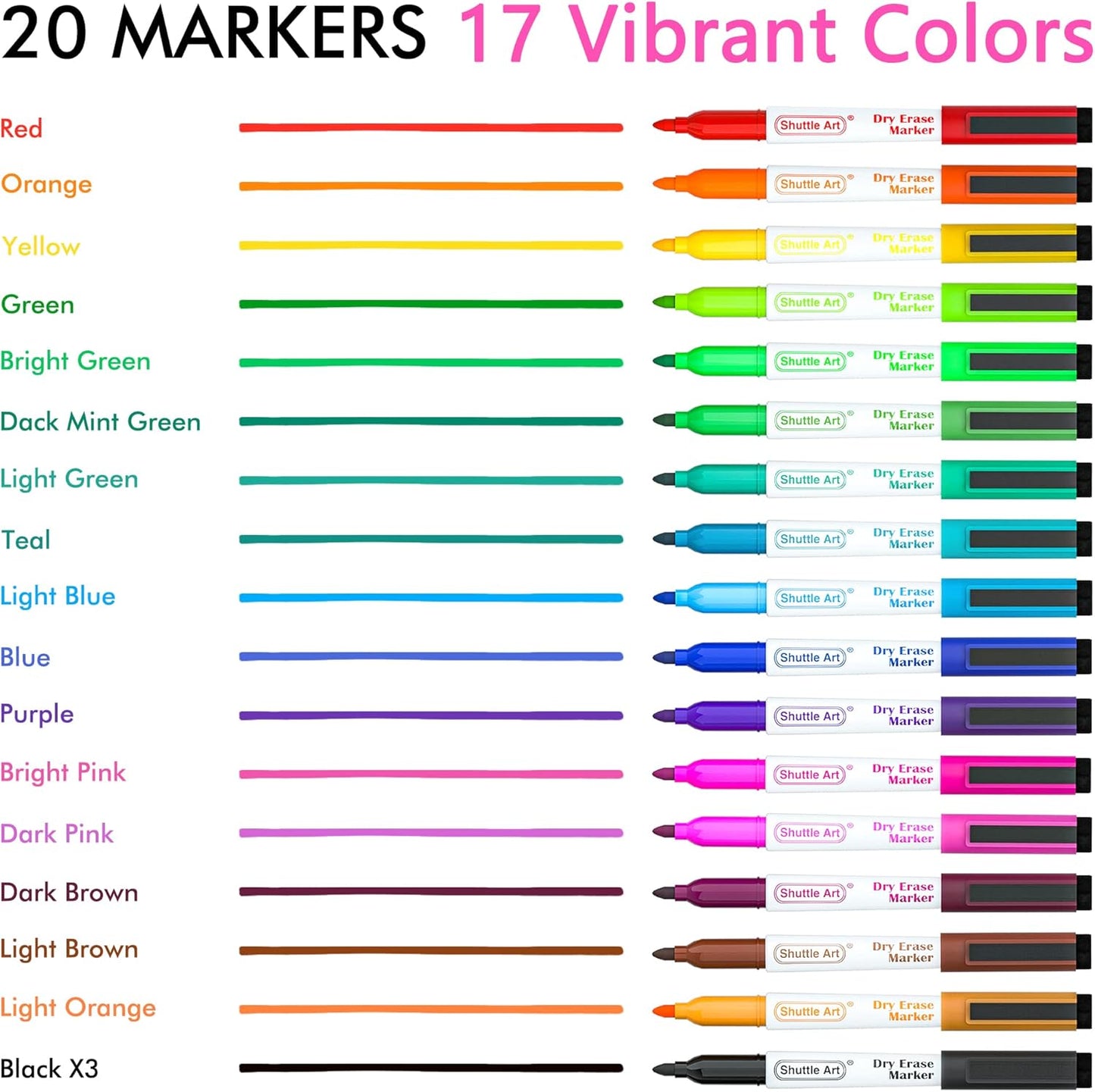Shuttle Art Dry Erase Markers, 20 Pack 17 Colors Whiteboard Markers,Bundled with 3 Extra Black,Fine Tip Dry Erase Markers for Kids,Perfect for Writing on Dry-Erase Surfaces,School Office Supplies