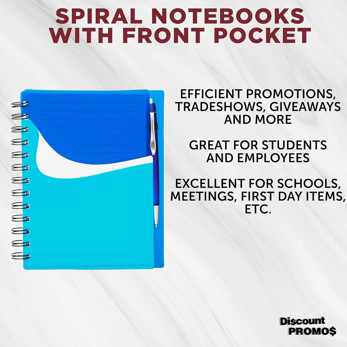 DISCOUNT PROMOS Spiral Notebooks with Front Pocket Set of 10, Bulk Pack - Durable Plastic Cover, Includes Matching Pen in Blank Ink, Perfect for School, Office, Home - Blue