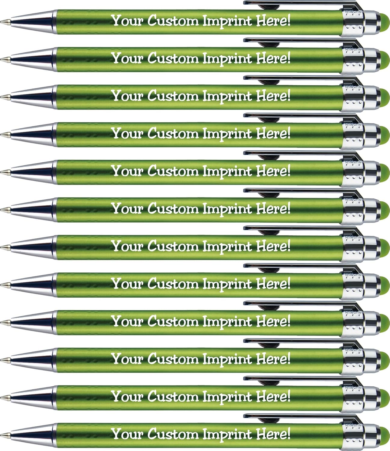 Personalized Pens with Stylus Tip -Bright Vibes- Click action - Custom - Black writing - Printed Name pens - Imprinted with Your Logo or Message - FREE PERSONALIZATION - 12 Pens/Box (Green)