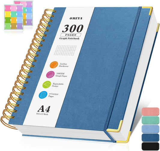 Graph Paper Notebook, Spiral Grid Notebook 8.5" X 11", Hardcover Leather Journal 300 Pages, 100GSM Thick Grid Paper Notebook, Large A5 Graphing Notebook Journal for Women Men Writing Engineering Work
