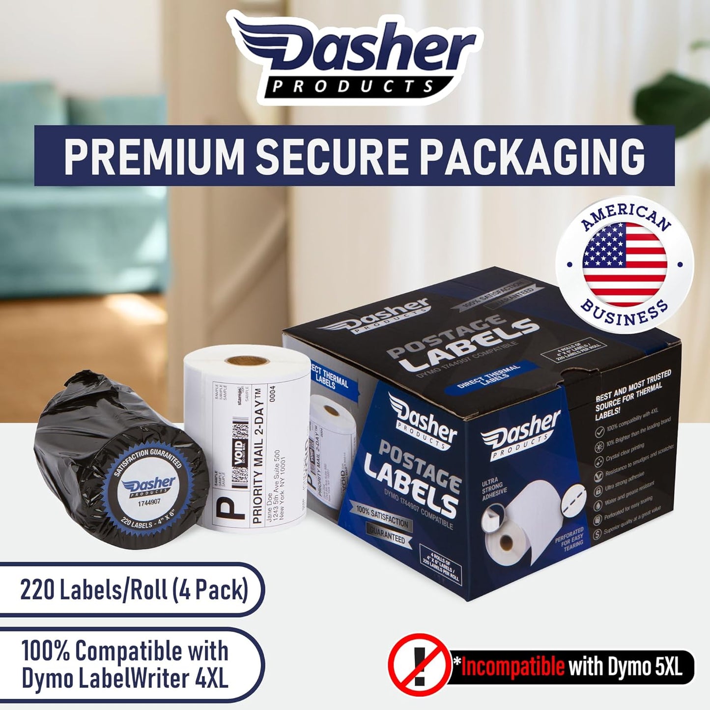 Dasher Products Thermal Shipping Labels Compatible with Dymo LabelWriter 4XL 1744907 4x6 Internet Postage Labels, Water Resistant, Strong Adhesive, Perforated, 220 per Roll, NOT for 5XL (4 Pack)