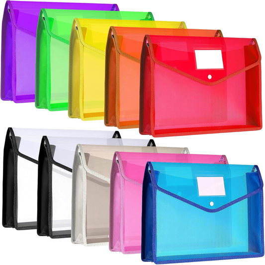 10 Pieces Plastic File Folders Envelope Expanding File Wallet Organizer Documents Folder with Snap Closure and Pocket B4 Waterproof Transparent Pouch for School Office(Multicolored,Horizontal)