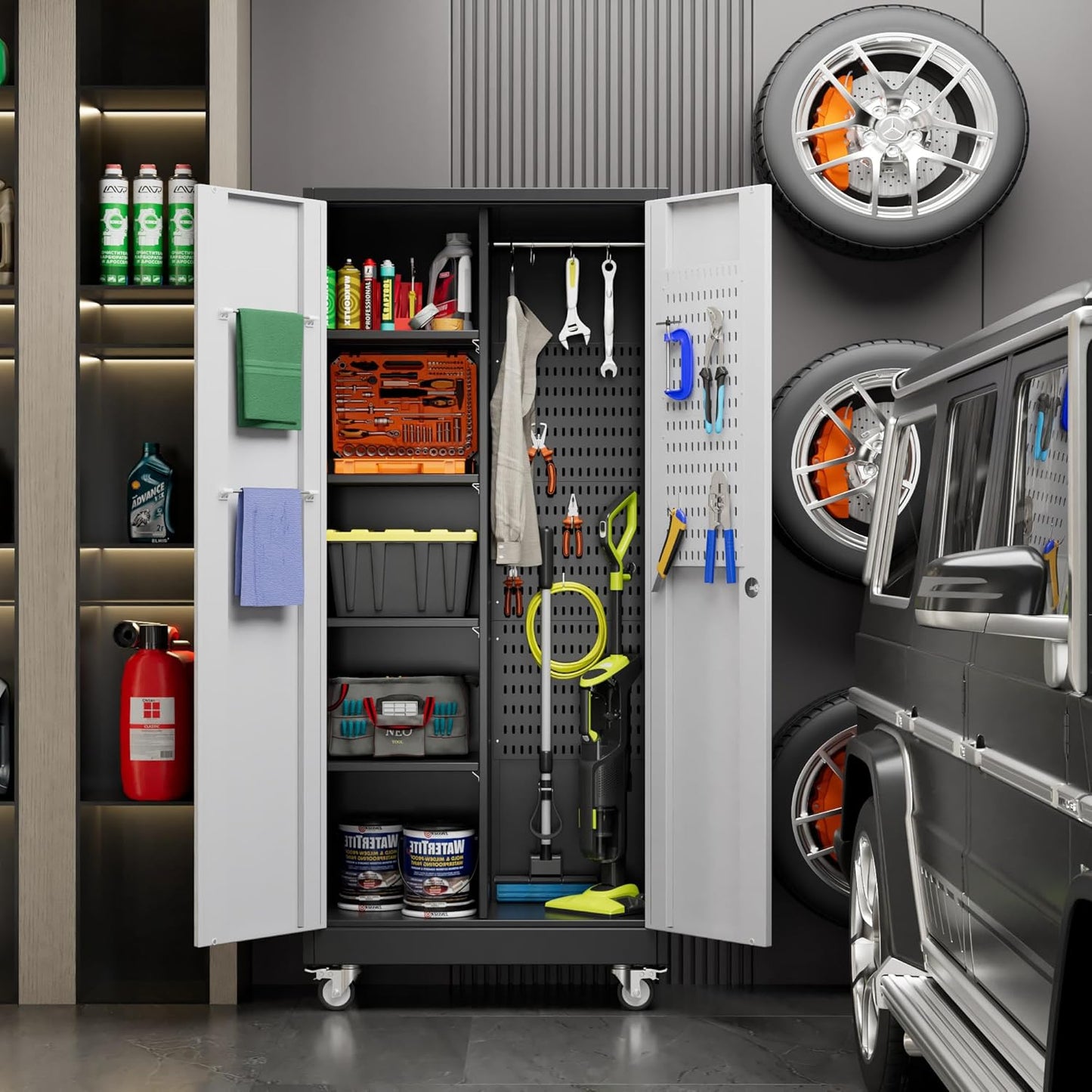 Garage Storage Cabinet with Wheels, Metal Tool Cabinet with Pegboards and 4 Adjustable Shelves, Garage Storage System with Lockable Door for Shools, Offices, Gyms and Pantries, Black and White