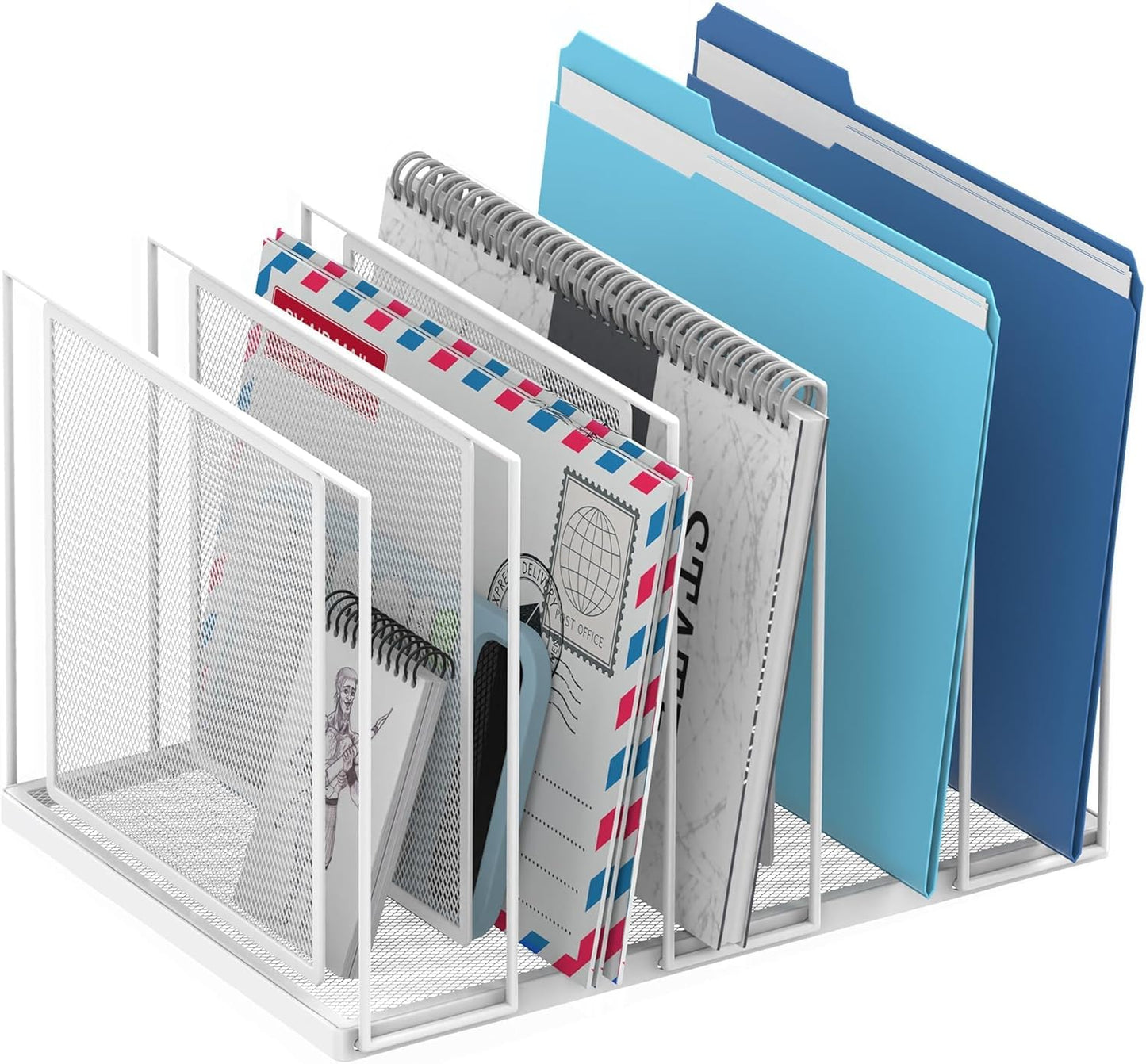 File Organizer for Desk, 5-Section Vertical File Sorter, Paper Holder Organizer Standing Metal File Folder for Office Home Classroom, White