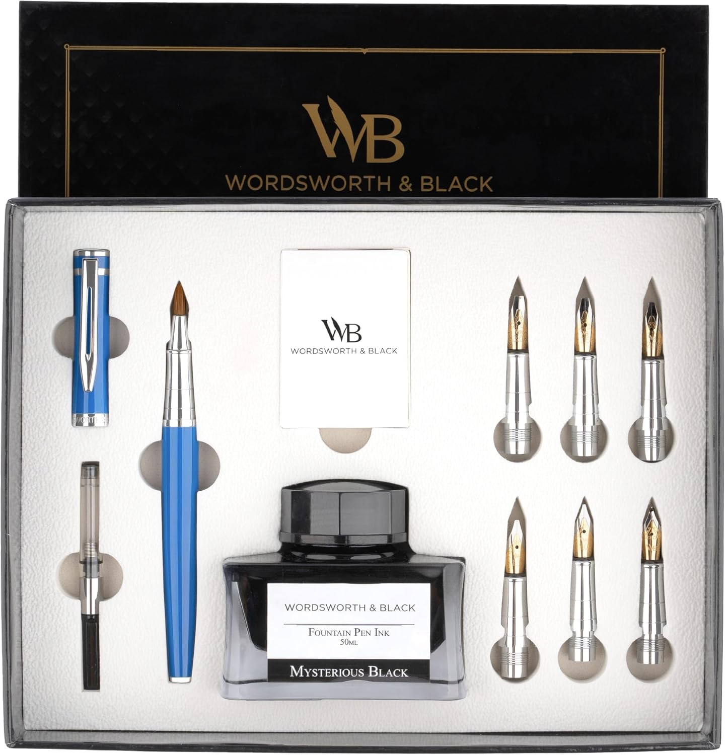 Wordsworth & Black Calligraphy Pen Gift Set, Includes Bottle, 6 Cartridges, Refill Converter, 6 Replacement Nibs, Premium Package, Journaling, Smooth Writing Pens [Blue Chrome]