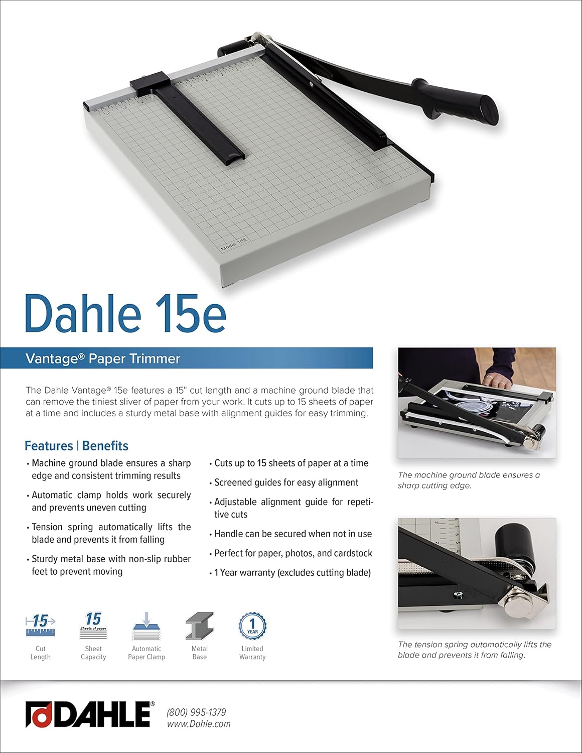 Dahle 15e Vantage Paper Trimmer, 15" Cut Length, 15 Sheet, Automatic Clamp, Adjustable Guide, Metal Base with 1/2" Gridlines, Guillotine Paper Cutter