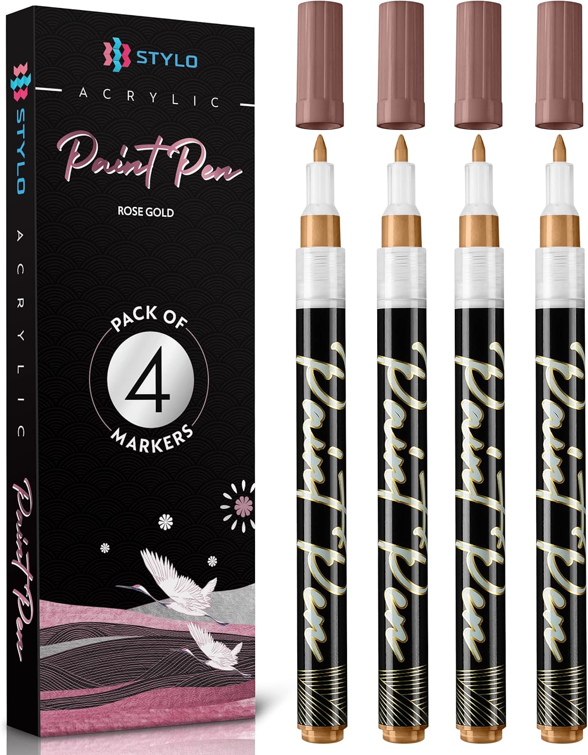 Stylo 4 Count Acrylic Metallic Pens - Rose Gold Paint Pens - Fine Tip Permanent Acrylic Metallic Paint Markers for Rock Painting, Glass, Wood, Ideal for Arts and Crafts (Pack of 4, Rose Gold)