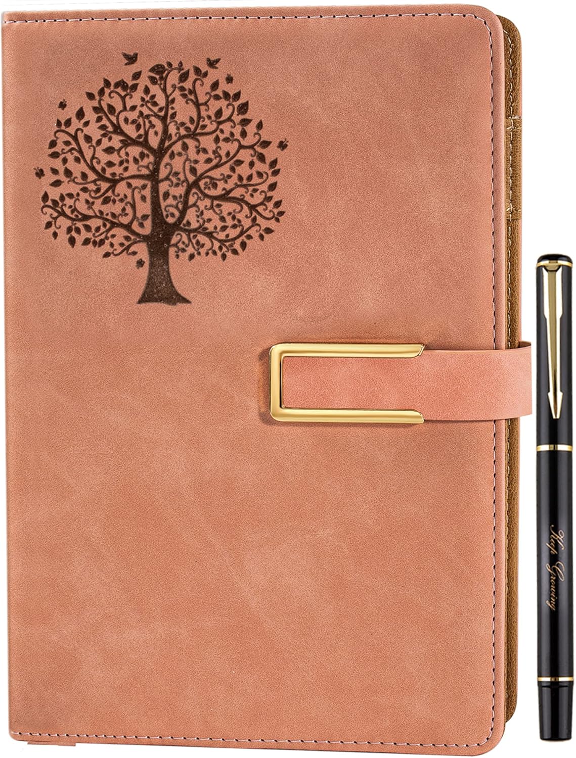 Fanery Sue Tree of Life Refillable Writing Journal for Women&Men Faux Leather Hardcover Notebook A5 College Ruled 200 Lined Pages Lay-Flat Personal Diary with Pen&Magnetic Buckle (Tree of Life-Pink)