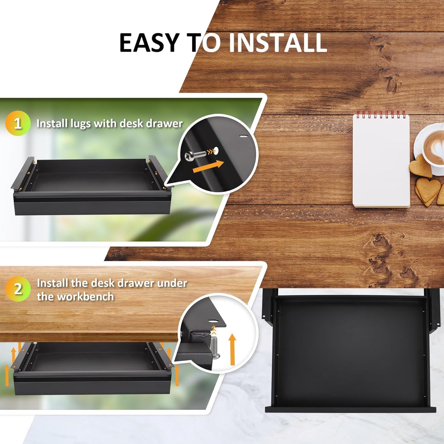 POPMOON Under Desk Drawer For Desk 13.8 * 8.8 * 3.5 in, Pull out Storage Organizer with Slide Extension Mounted Under Flat Wooden Table or Workbench, Carbon Steel Hidden Desk Drawer