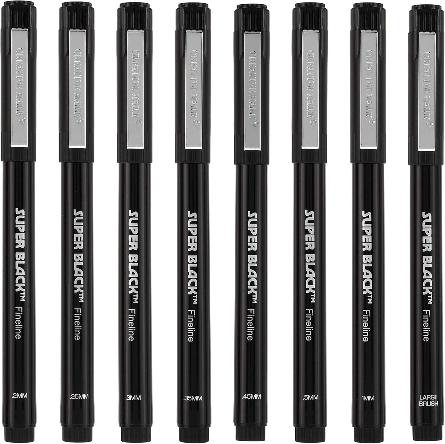 Creative Mark Ultimate Fine Line Drawing Pens Super Black, Permanent, Waterproof, & Acid-Free Assorted Tips and Large Brush Pen - [Fineliners and Sketch Set of 8]