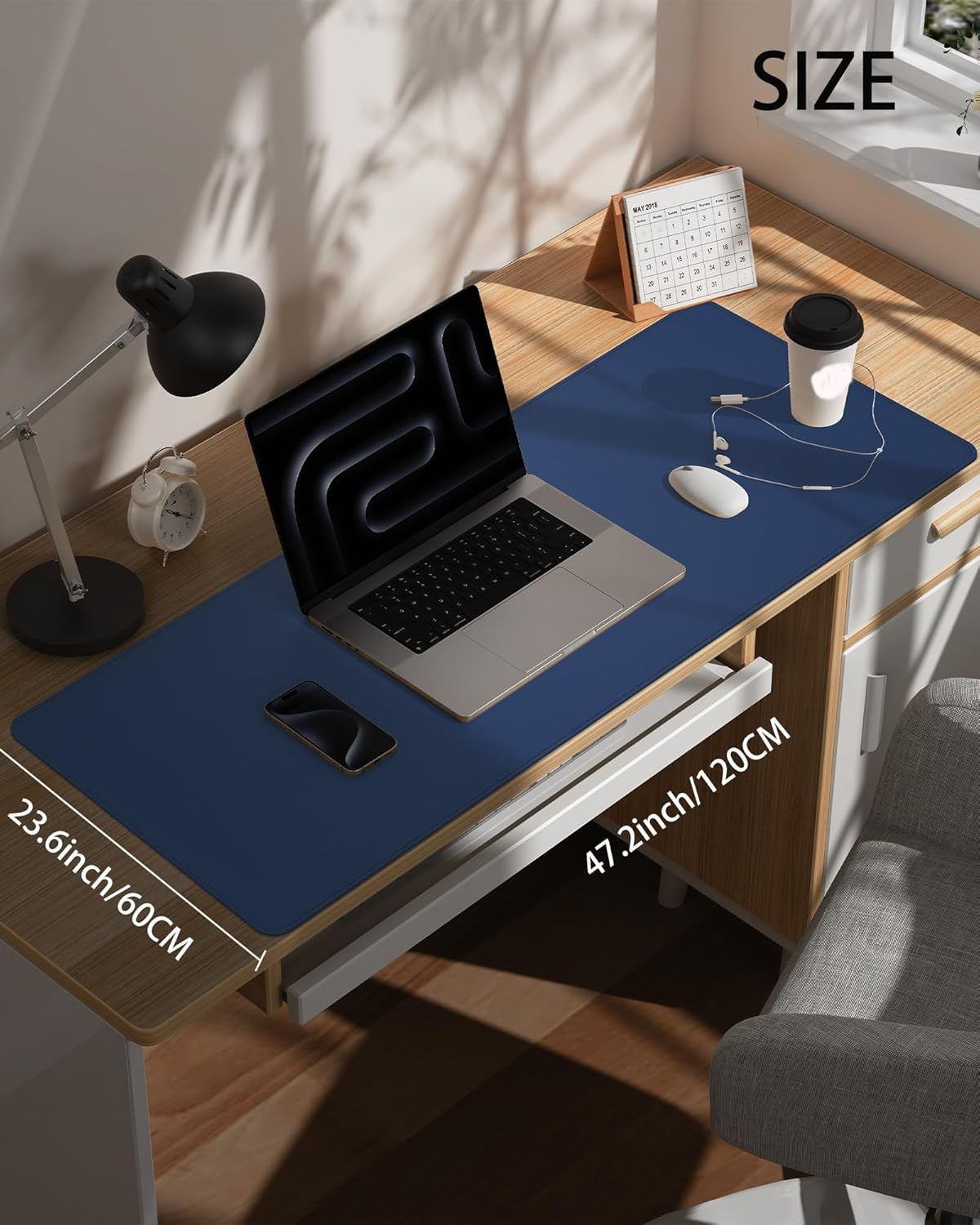 Extra Large Desk Pad Mat - Waterproof Mouse Pad & Desk Protector, Non-Slip XXL PU Leather Gaming Mat for Keyboard/Mouse, Stitched Edge with Ergonomic Support, 47.2"x23.6" (Blue)