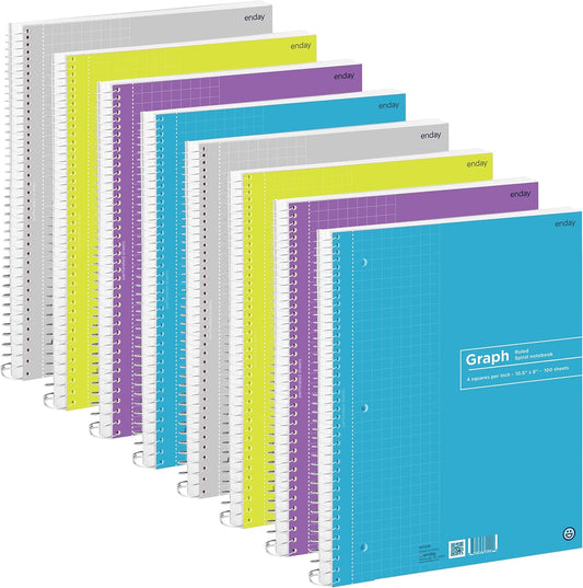 Graph Paper Notebook (8 Pack) Grid Notebook, Graph paper spiral notebook, Graph notebook, 4 Squares per inch Grid paper notebook, White Paper Quad Ruled Spiral Assorted Colors - by Enday