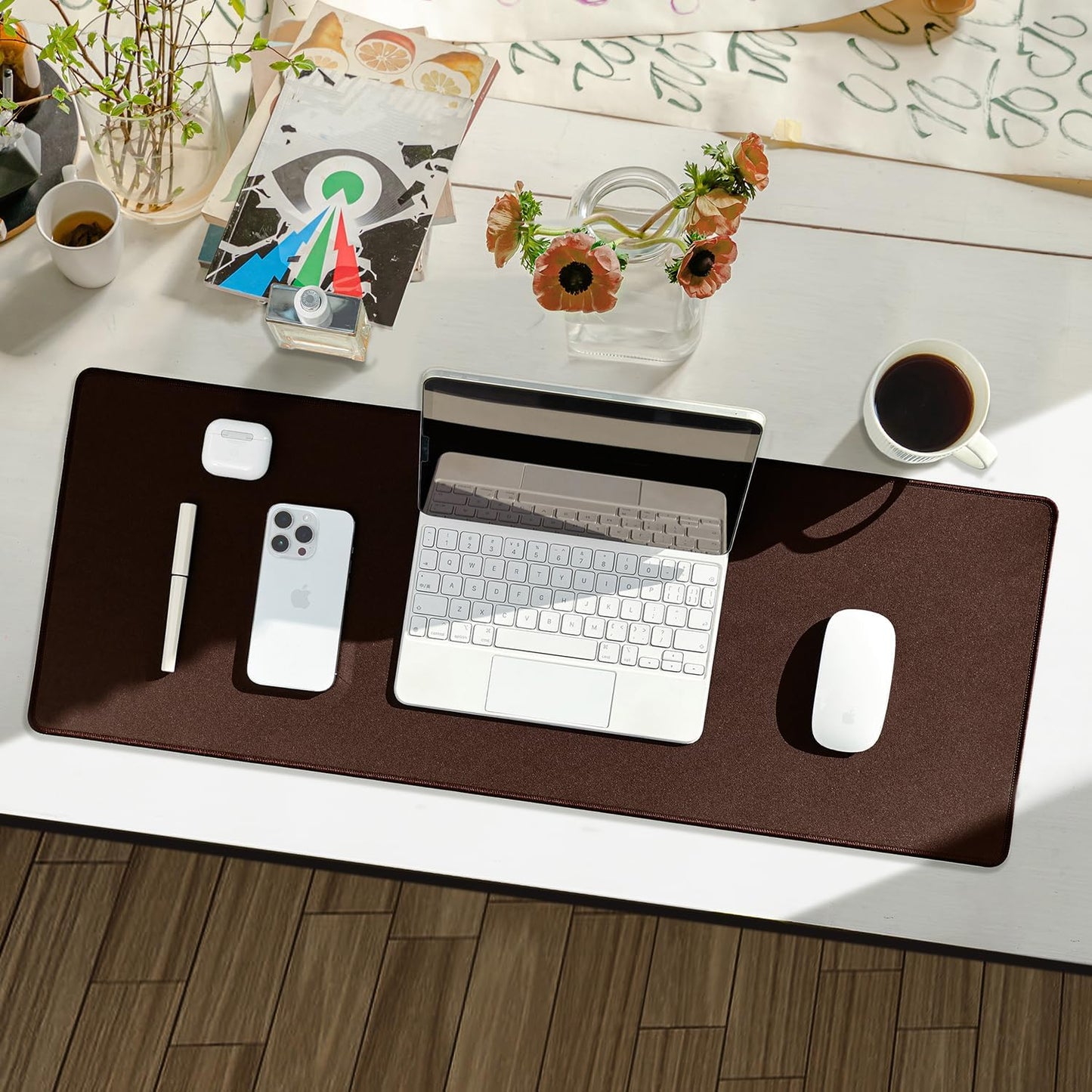 Waterproof Large Gaming Mouse Pad with Durable Stitched Edges, Non-Slip Rubber Base, Grainy Jacquard Mouse Mat Desk Pad for Home Office Gaming, 15.74"x35.43"x0.12", Coffee