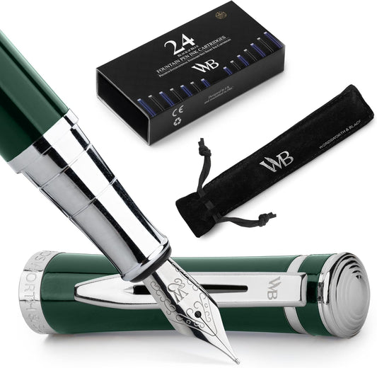 Wordsworth & Black Fountain Pen Set, Medium Nib, Includes 24 Pack Ink Cartridges, Ink Refill Converter & Gift Pouch, Chrome Finish, Calligraphy, [Racing Green], Perfect for Men & Women