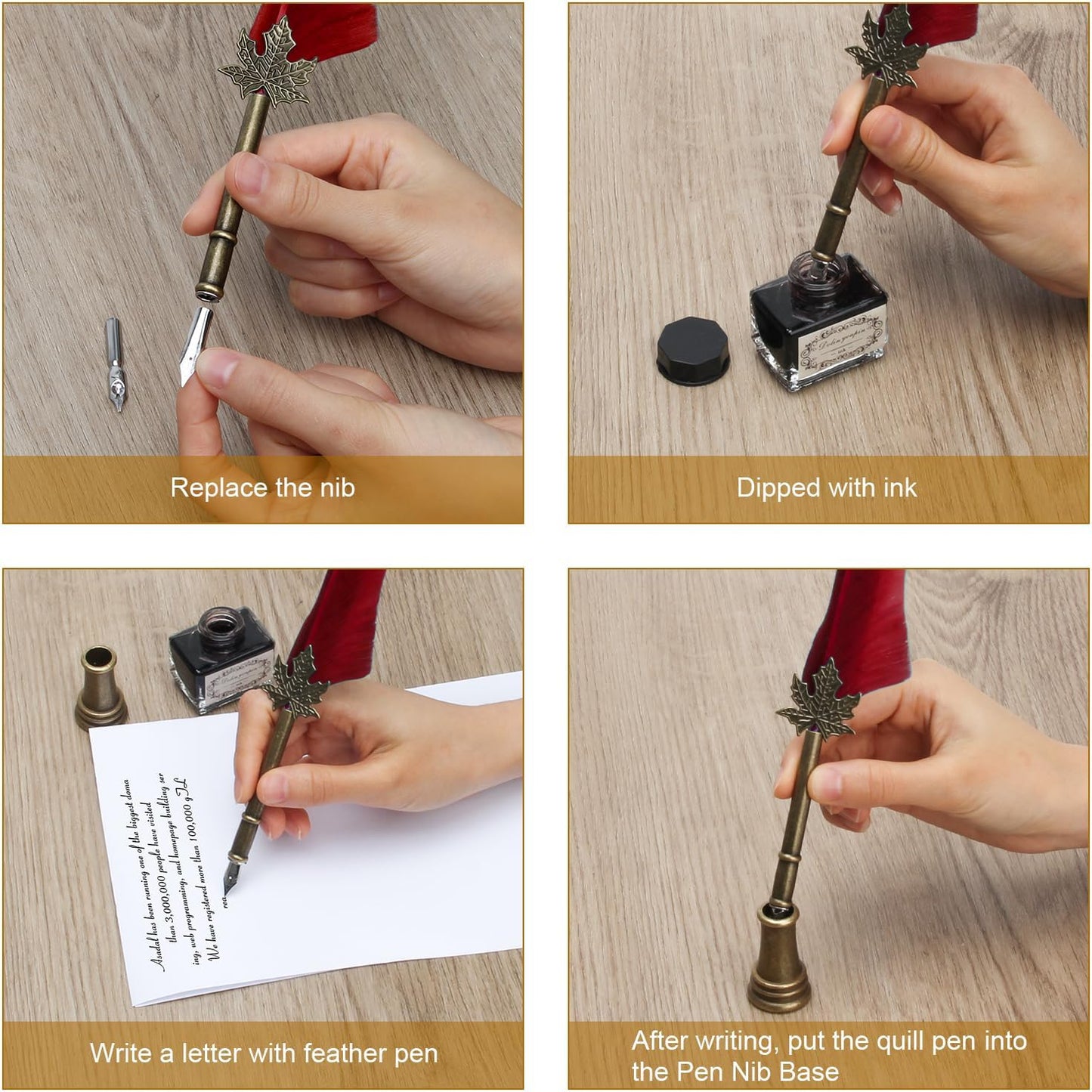 AHIER Quill Pen and Ink Set, Feather Pen Quill Pen Set Includes 5 Steel Replacement Nibs,Pen Nib Base and Dip Ink Bottle for Antique Calligraphy (Red)