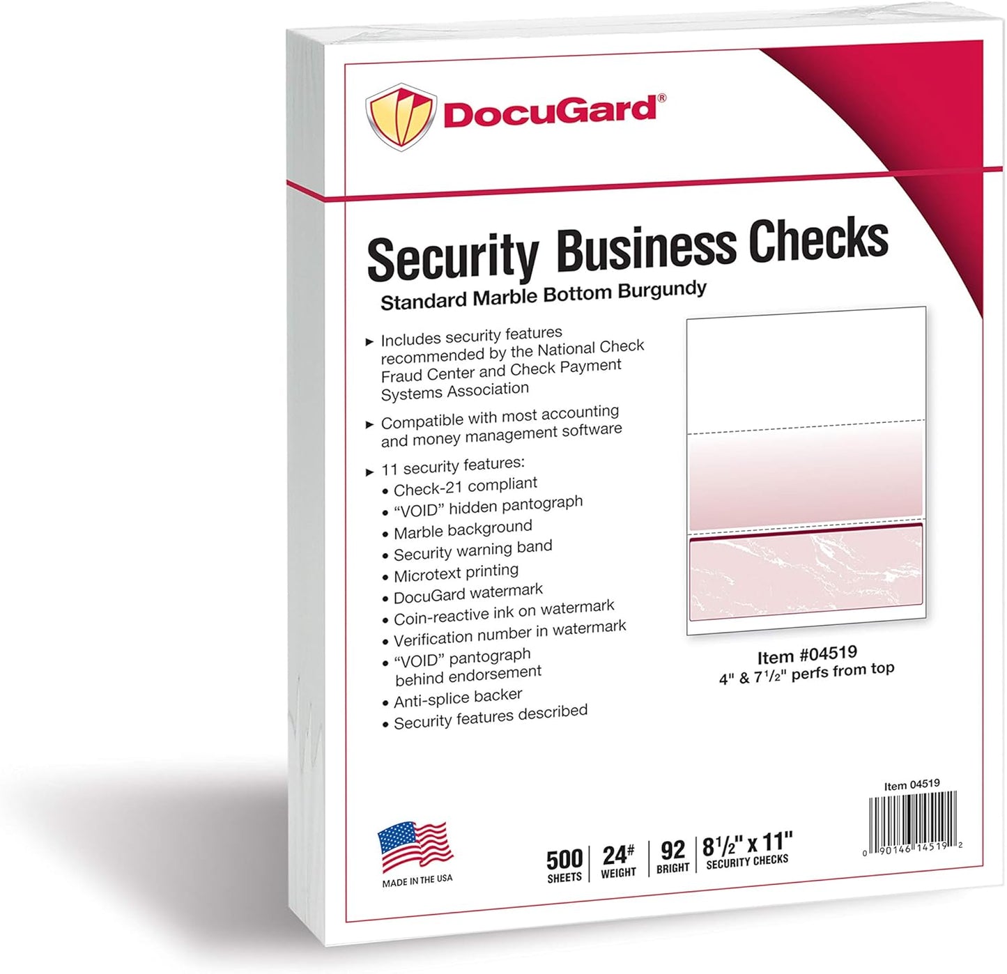 DocuGard Standard Burgundy Marble Bottom High Security Check Paper - QuickBooks & Laser/Inkjet Printer Compatible - 11 Security Features - 500 Blank Business Checks (04519)