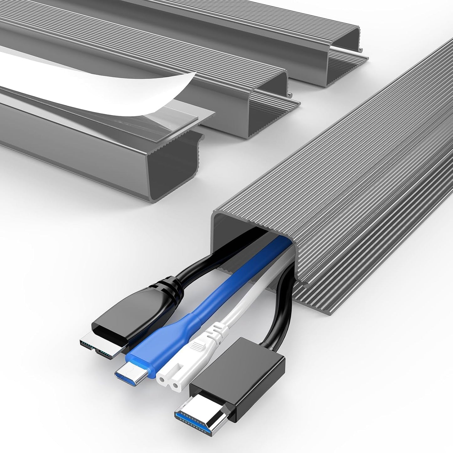 Delamu 62.8in Under Desk Cable Management, Safe & Tidy Cable Management Under Desks for Home & Office, 4 Pack Cord Organizer for Desk, Wire Organizer Kit, Grey