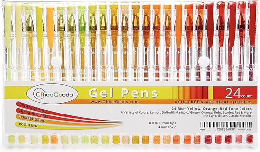 OfficeGoods Yellow Orange Red Gel Pens with Refills – Neon Journaling Art – Medium 0.8-1.0mm Tips – Non-Toxic Gel Pens Set – Quick Dry Smudge-Free 24 Pack Colors