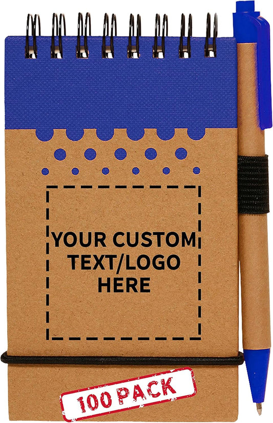 DISCOUNT PROMOS 100 Recyclable Spiral Small Notebooks Pack - Customizable Text, Logo - 60 Lined Pages - Blue