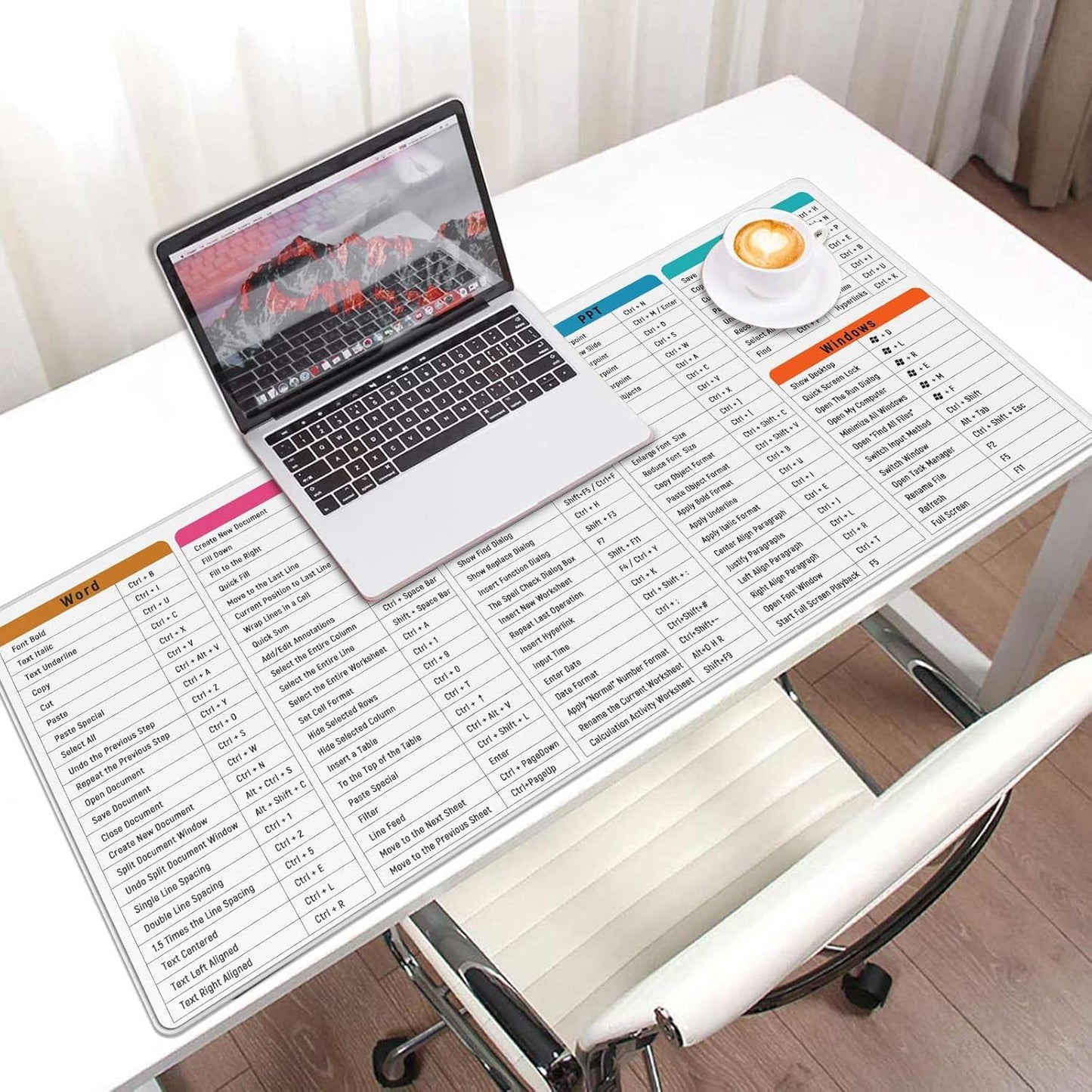 JIALONG Large Gaming Mouse Pad Extra XXL 35.4x15.75 inches Thick Extended Desk Pad Ergonomic Computer Keyboard Pad Mat for MacBook, PC, Laptop, Office Home White Excel Shortcuts